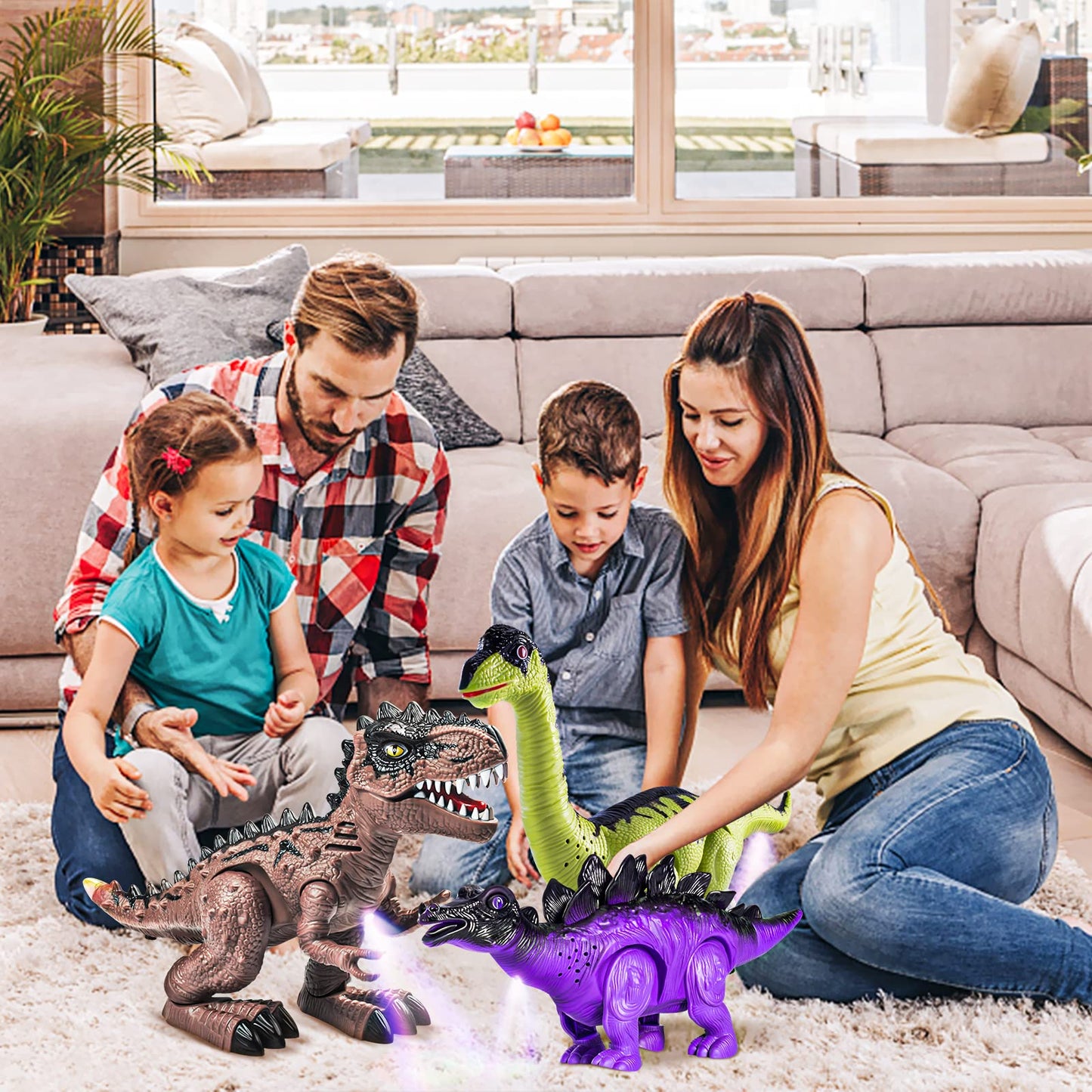 Doloowee 3 Pack Walking Dinosaur Toy for Kids 3-5/5-7 Years,Simulation Tyrannosaurus & Stegosaurus & Brachiosaurus,Electric Robot Dinosaur with LED Lights & Sounds,Dinosaur Toys for Boys and Girls