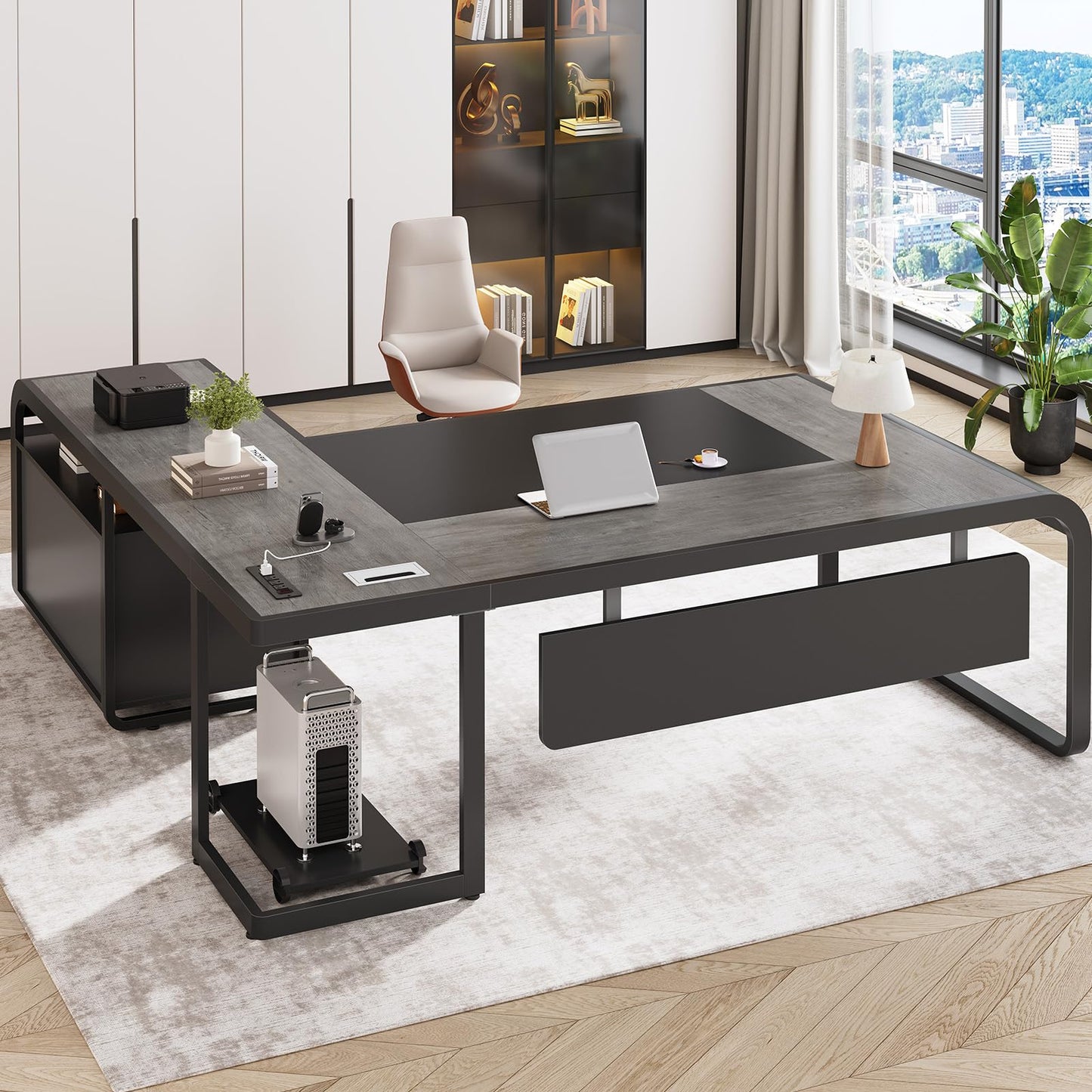 SEDETA 61 Inch Executive Desk, Large Office Desk with File Drawer, L Shaped Desk with Drawers, Computer Desk with Mobile CPU Stand, Storage Shelves, Power Outlets for Home Office, Gray