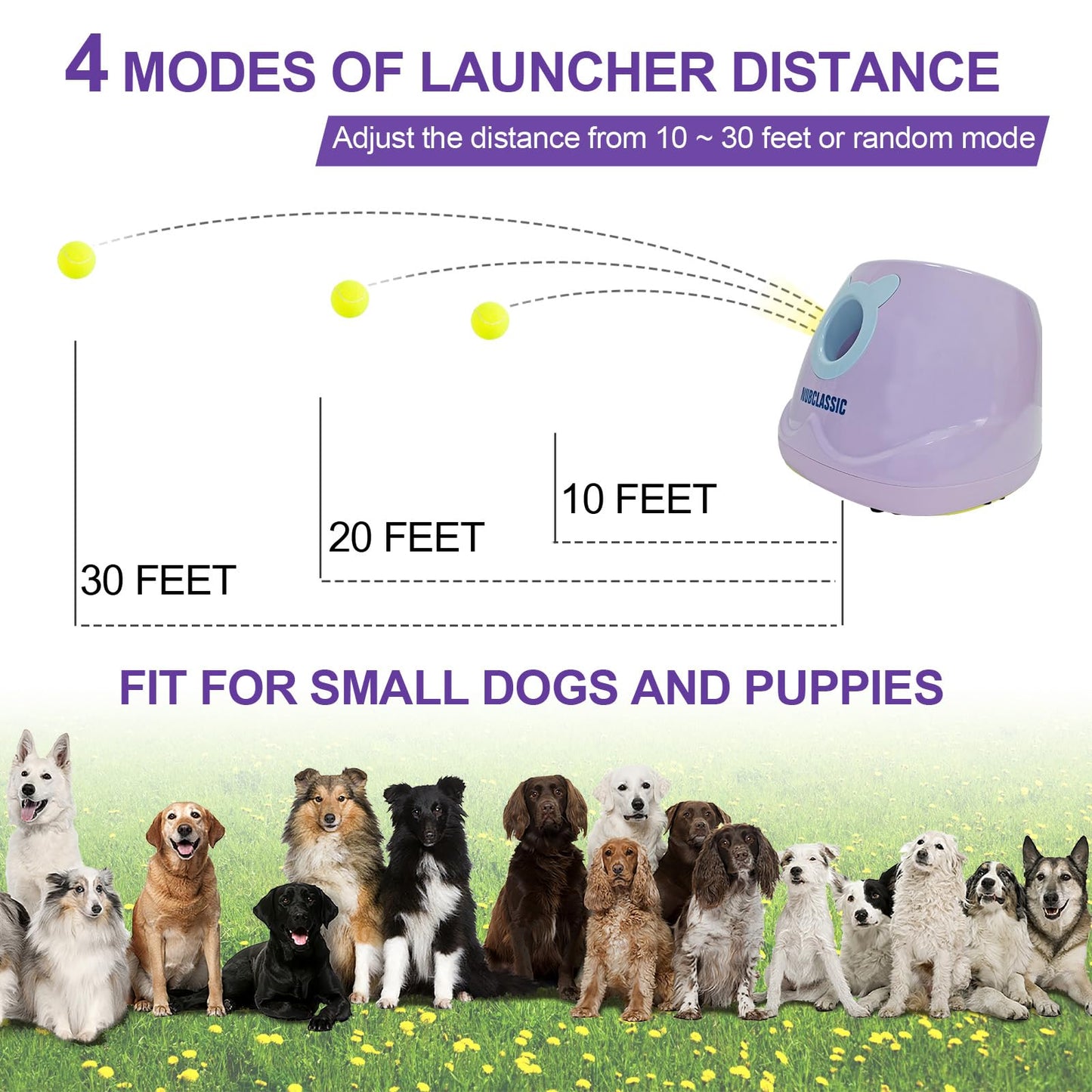 BESTHLS Automatic Dog Ball Launcher & 22pcs 2inch Tennis/Rubber Ball for Small Medium Dogs Fetching Distance 10-30ft (Purple)