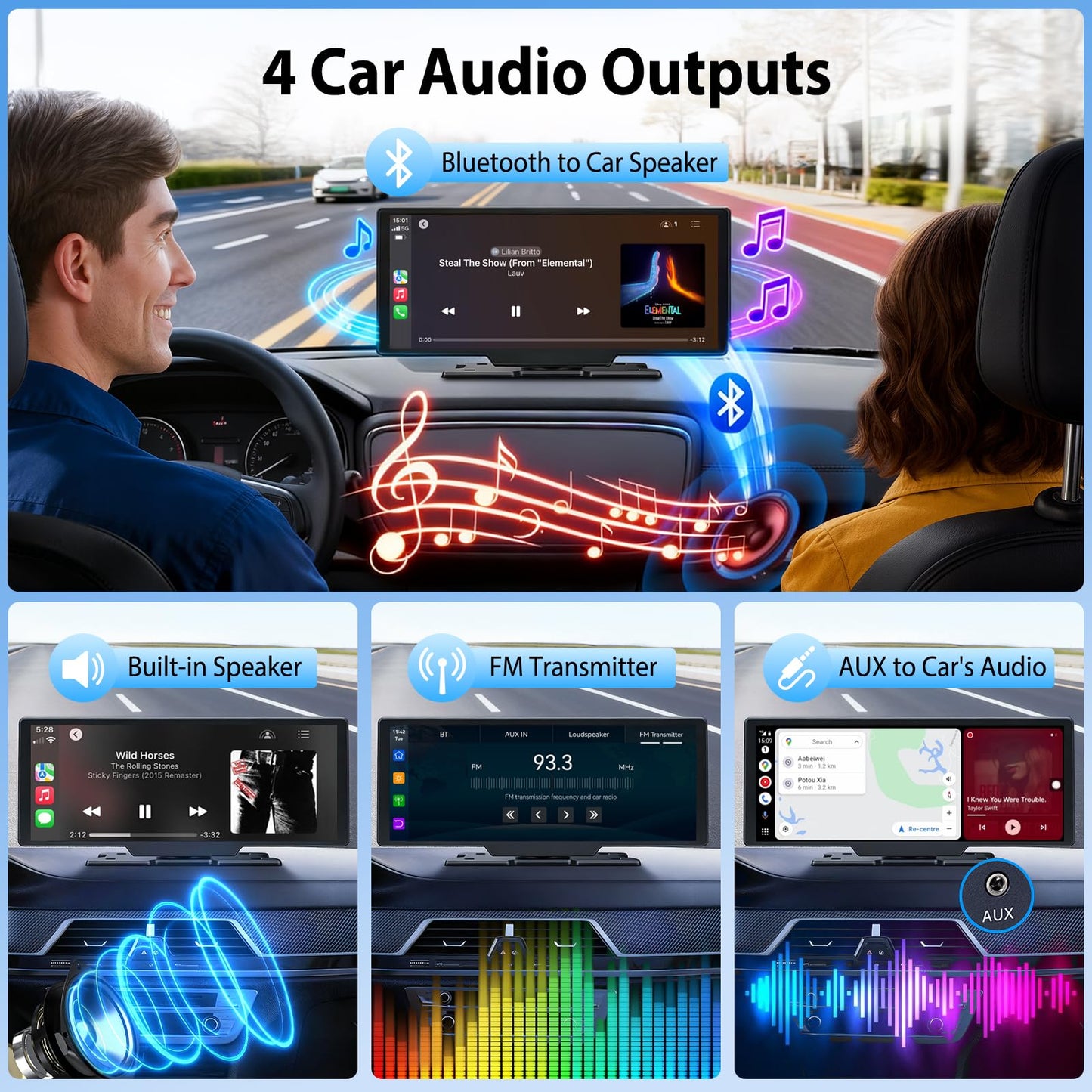 10.26" Wireless CarPlay Screen for Car: 4K Dash Cam & 1080P Backup Camera, Portable Touchscreen Car Stereo for Apple Carplay & Android Auto, GPS Navigation, Mirror Link BT FM Voice Control (ADAS)