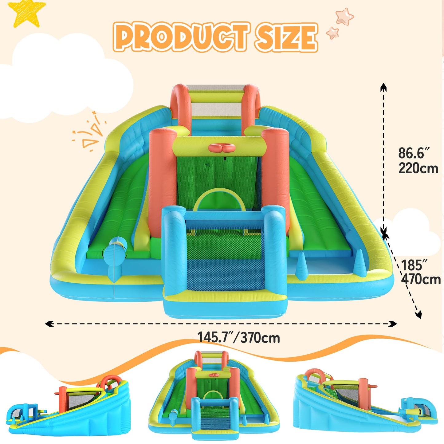 HOMMOW Inflatable Bounce House with Double Slide, Bouncy Castle for Kids 3-12 with Blower, Water Cannon, Football Net, Jumping, Climbing Wall, Basketball Hoop, Backyard Water Park for Kids