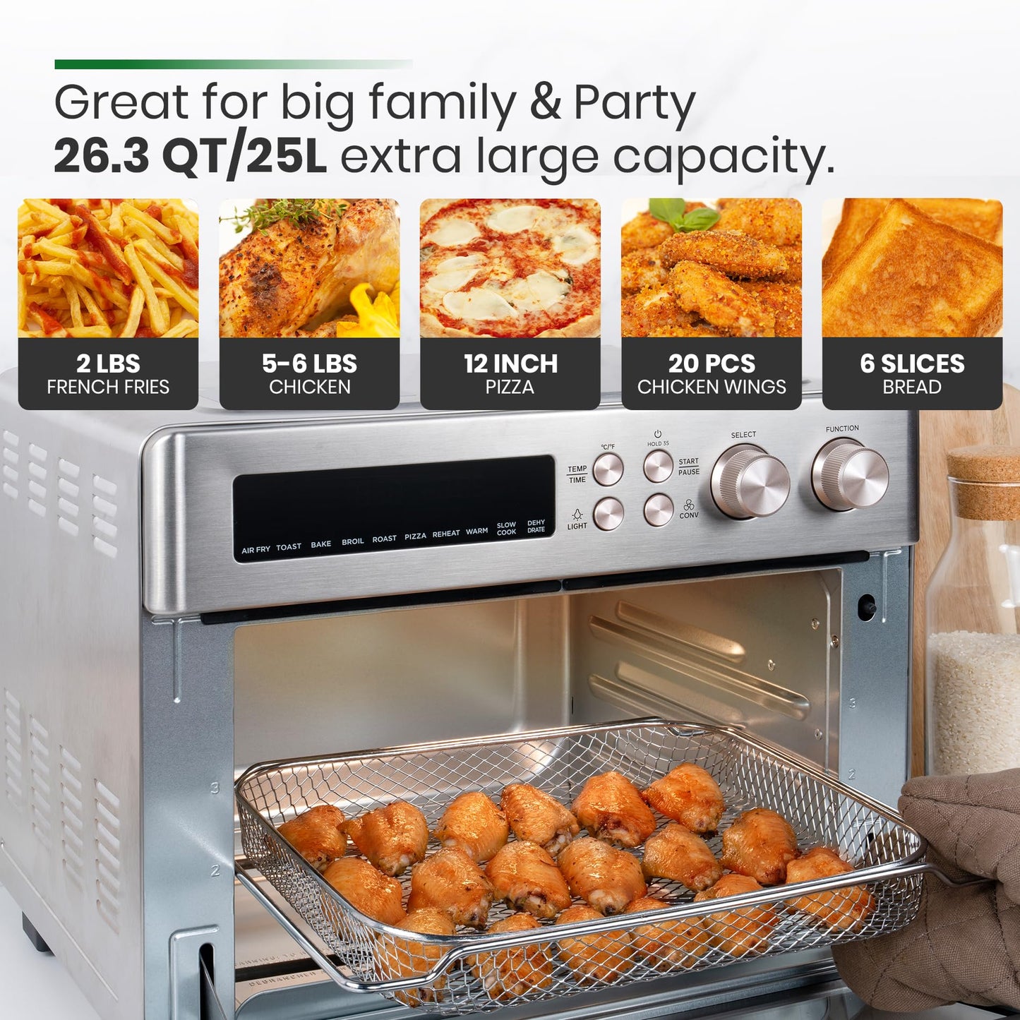 VAL CUCINA Infrared Heating Air Fryer Toaster Oven, Extra Large Countertop Convection Oven 10-in-1 Combo, 6-Slice Toast, Enamel Baking Pan Easy Clean with Recipe Book, Brushed Stainless Steel Finish