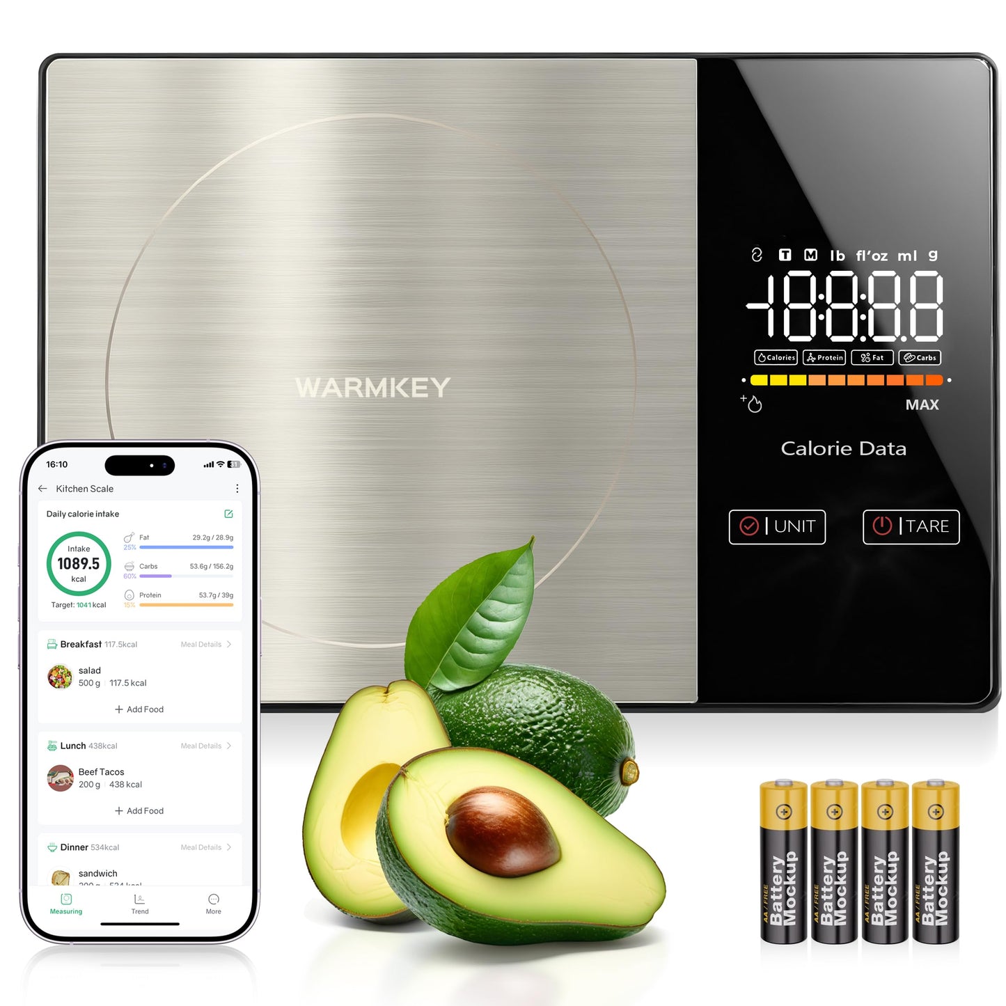 WARMKEY Smart Nutrition Food Scale - Digital Kitchen Scale with Nutritional Calculator App,Tare Function,Track Calories &19 Nutrients,11lb/5kg, Grams/Ounces,Stainless Steel for Weight Loss&Diet