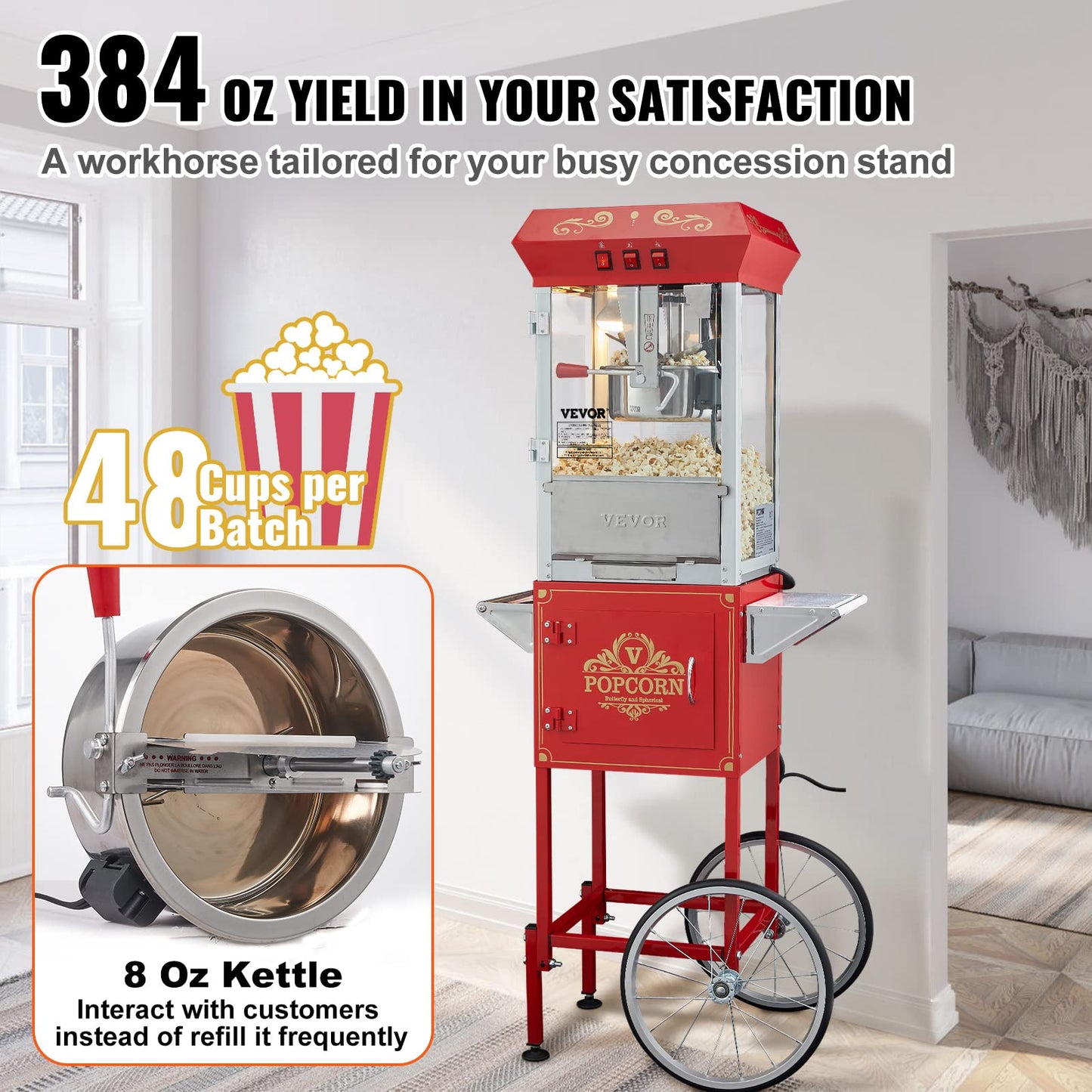 VEVOR Commercial Popcorn Machine, 8 Oz Kettle, 850 W Popcorn Maker on Wheels for 48 Cups per Batch, Theater Style Popper with 3-Switch Control Steel Frame Tempered Glass Doors Cart 1 Scoop 2 Spoons