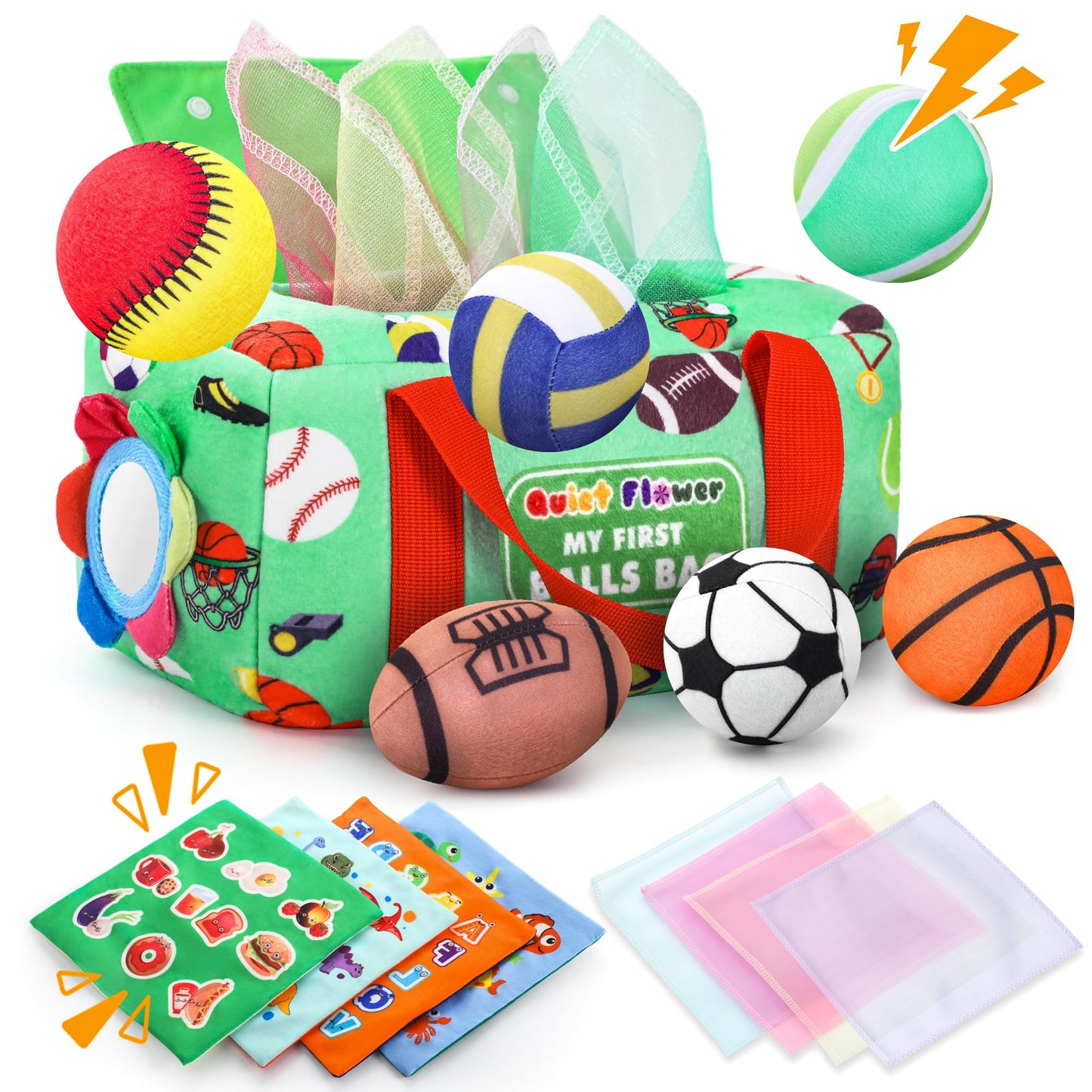 My First Sports Bag 6-12 Months Baby Tissue Box Toy, 17pcs Montessori Sensory Set: Plush Ball, Crinkle Paper, Scarves & Mirror, Squeaky Fine Motor 1 Year Old Infant Toddler Gifts Easter Basket Stuffer