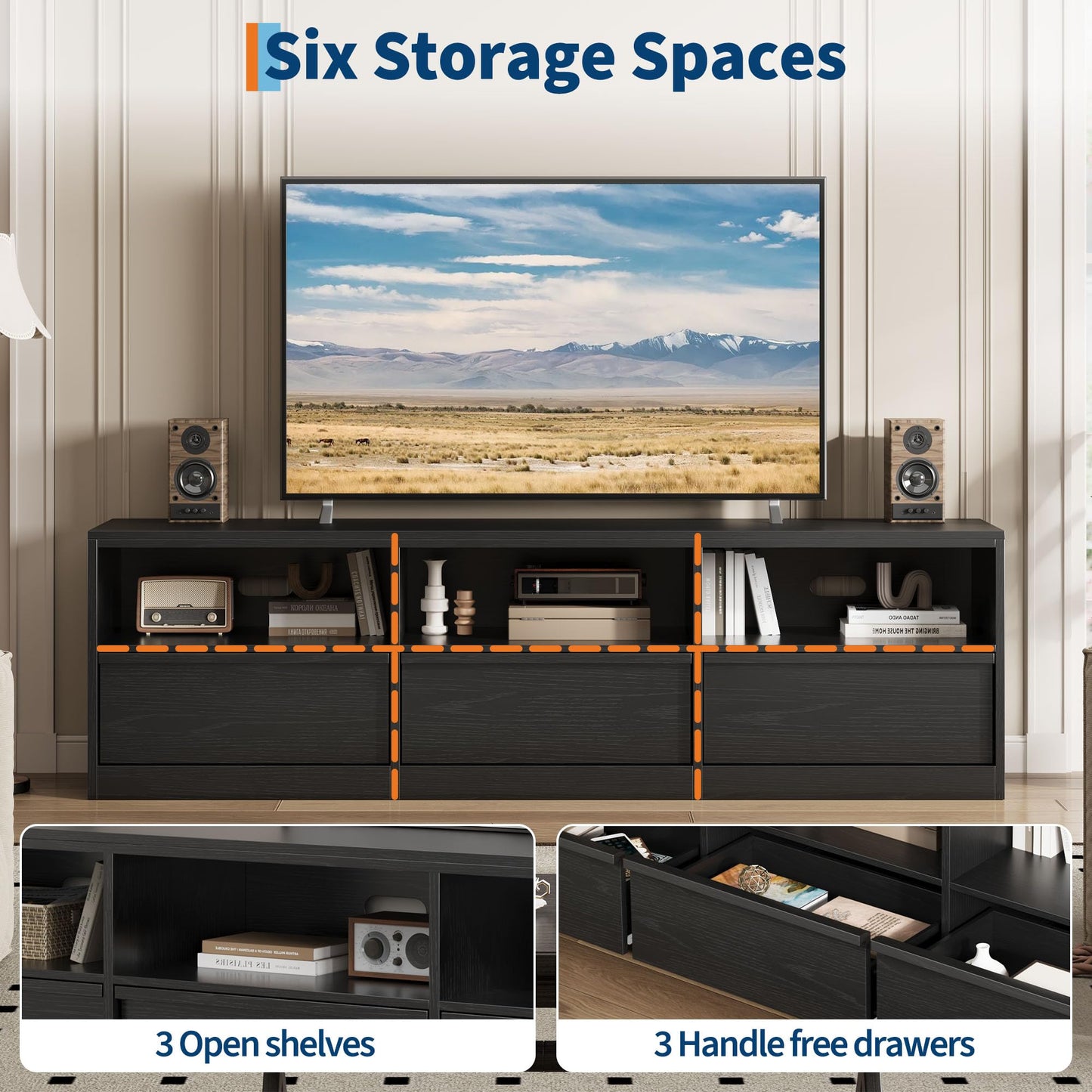 IDEALHOUSE 70 inch TV Stand for 80" TVs, Mid Century Modern Entertainment Center with Storage Drawer & Open Shelves, Wood Media Console Cabinet for Living Room/Bedroom, Black