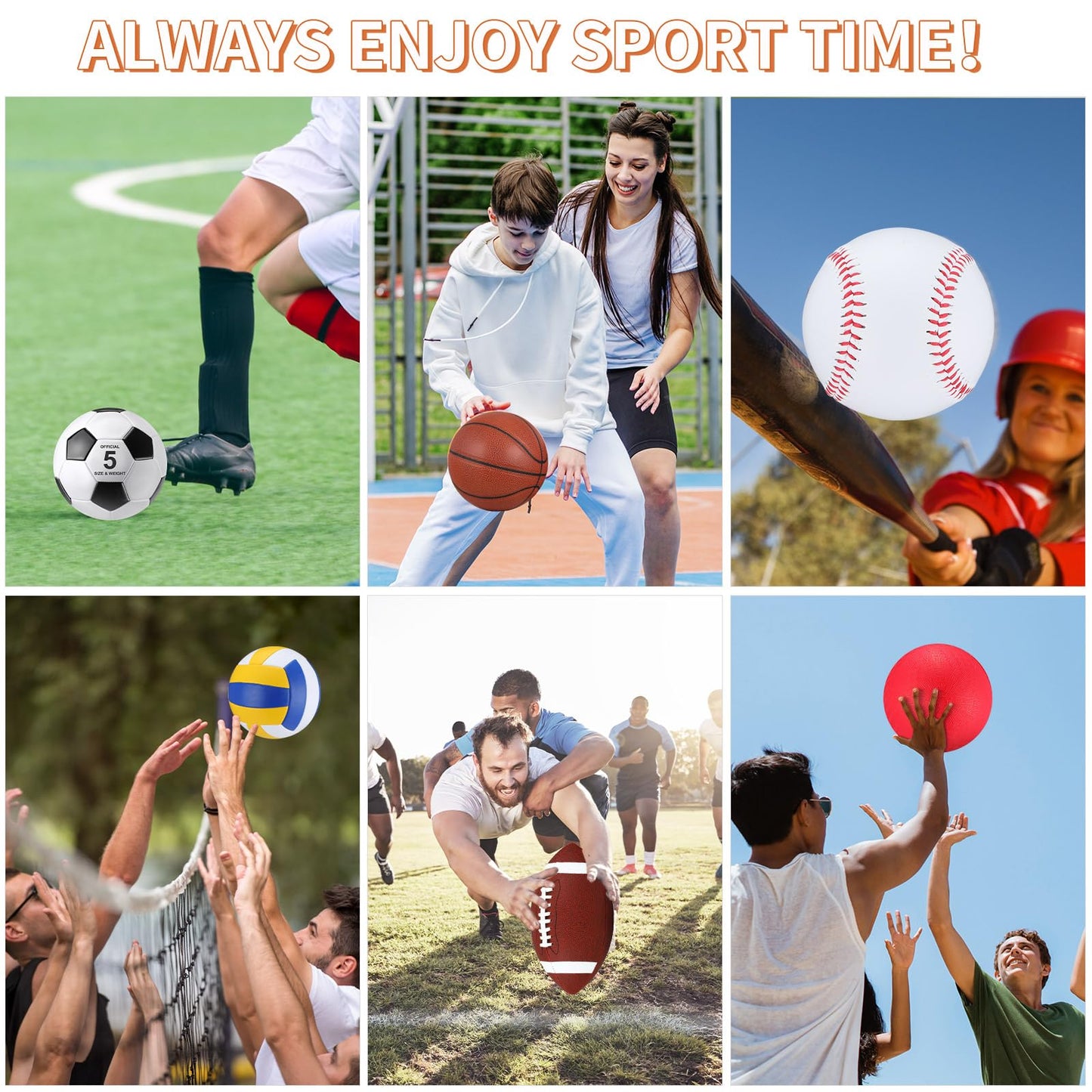 Leyndo 18 Pcs Sport Balls Bulk Set Basketball Football Volleyball Soccer Playground Baseball with Sport Equipment Bag Pump for Adults Gifts Outdoor Indoor(Brown)