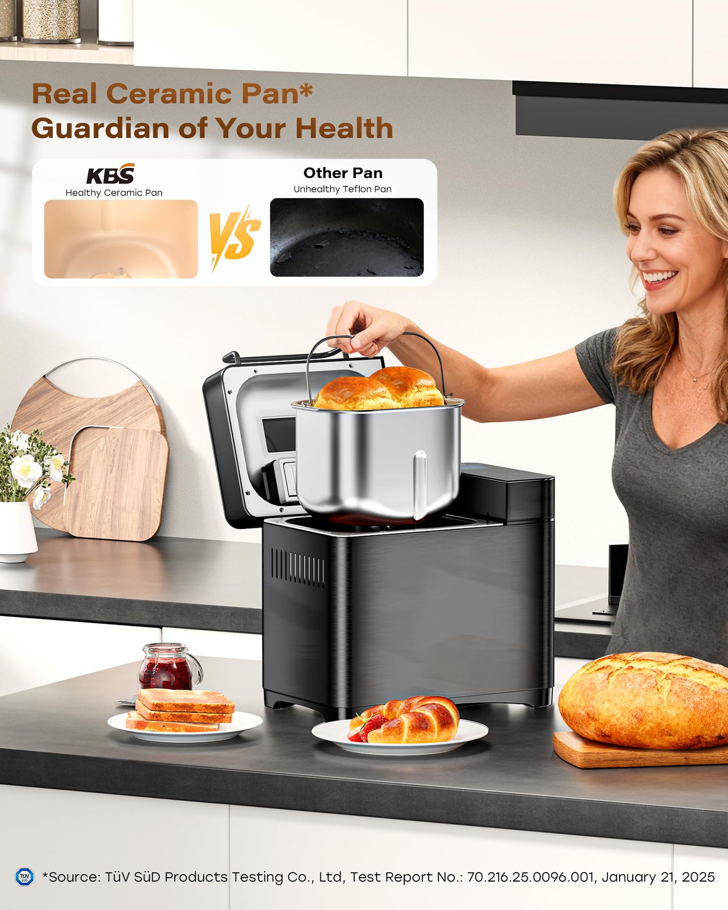 KBS Premium 2LB Convection Bread Maker Dual Heaters, 710W Stainless Steel 17-in-1 Bread Machine Healthy Ceramic Pan, Nut Dispenser,Touch Panel, 3 Loaf Sizes 3 Crust Colors, 15H Timer,Low Noise,Recipes