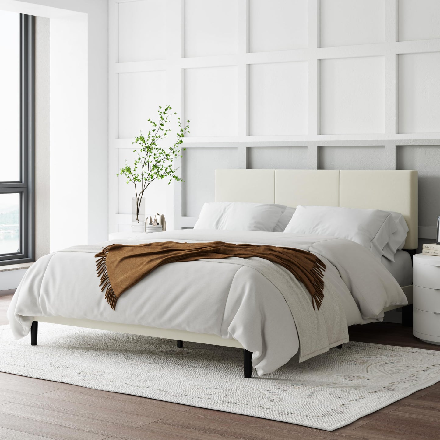 IOILORI Queen Size Bed Frame with Upholstered Headboard, Sturdy Wood Slats, No Box Spring Required, Silent, Easy Assembly, Beige