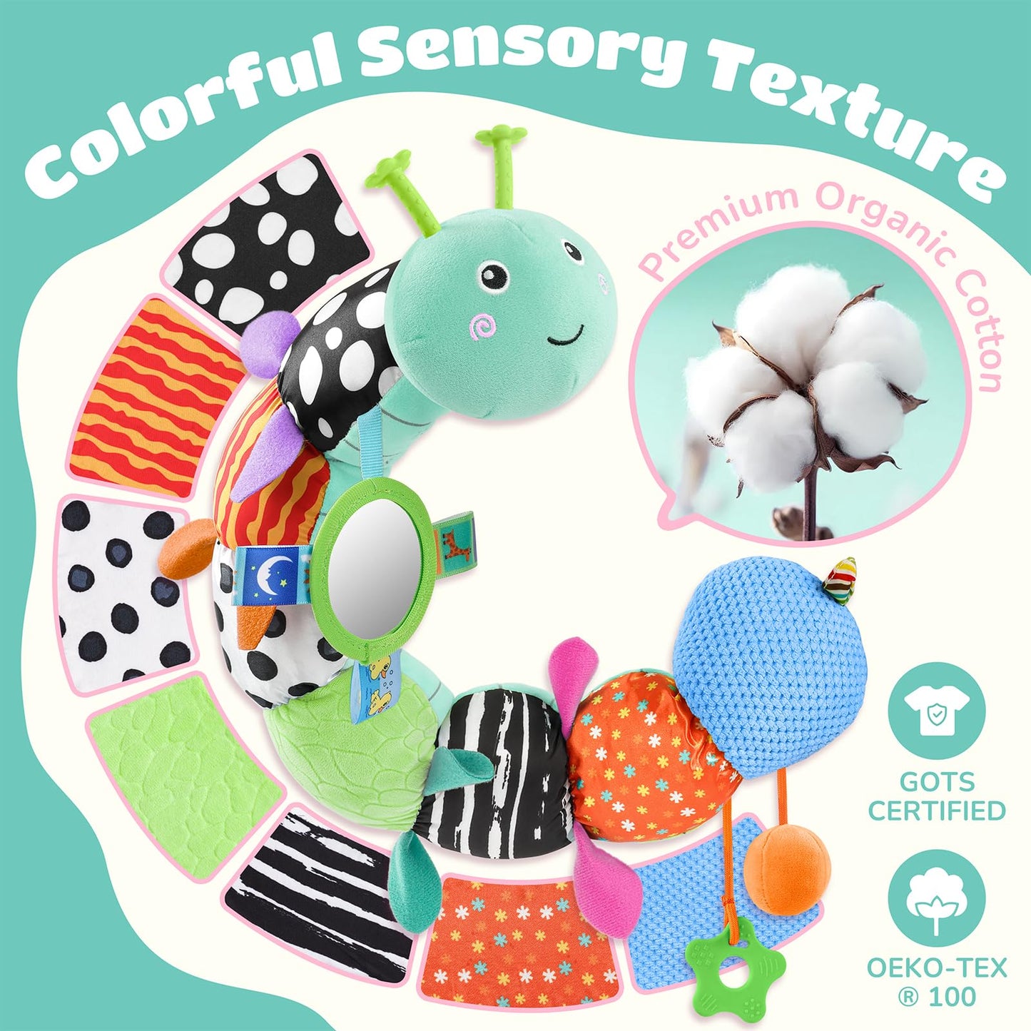 AWOTOY Baby Toys 6-12 Months Music Caterpillar Infant Toys Stuffed Animals 0-3-6 Months Teething Tummy Time Sensory Toys with Mirror Rattle&Pull String for Boys Girls Birthday Gifts|Tiffany Blue,Leafy