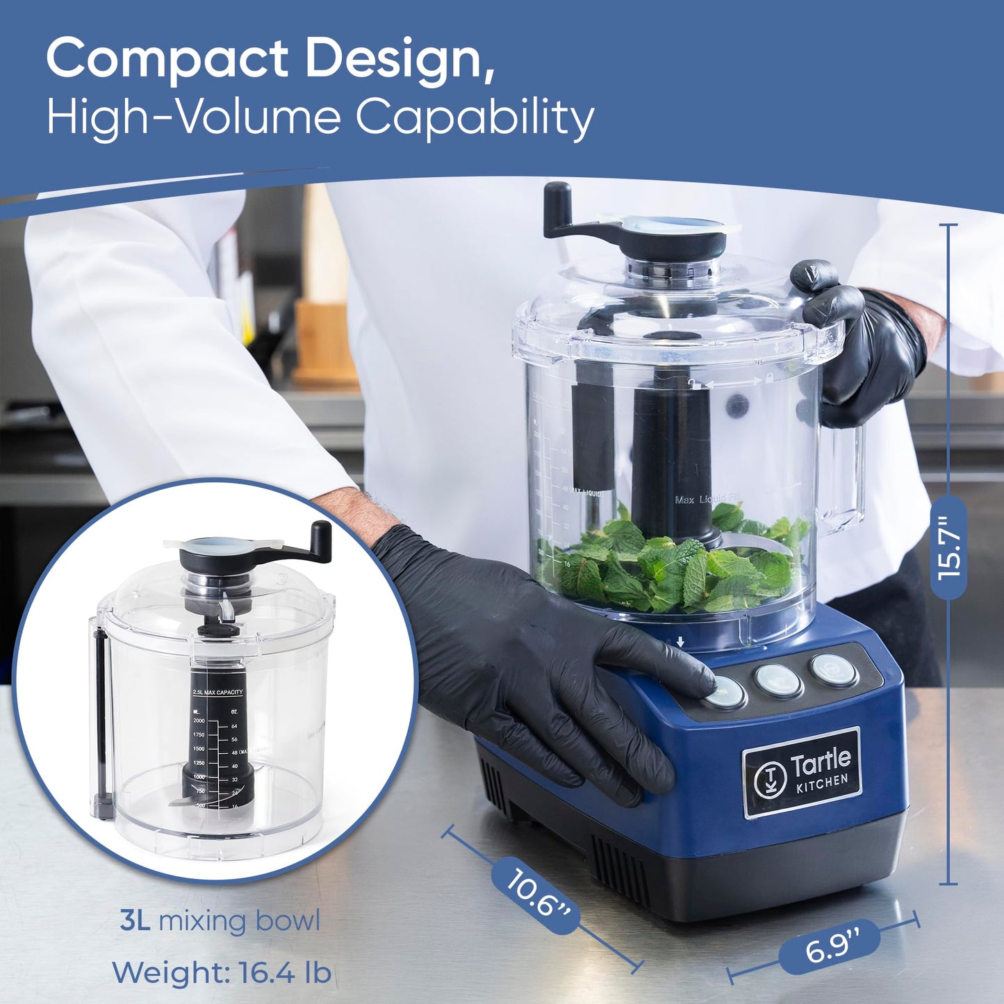 TK Tartle Commercial Food Processor - Heavy-Duty 600W Electric Chopper, Slicer & Shredder w/Flat lid, Continuous Feed, 3L Mixer Bowl & Stainless Steel Blades