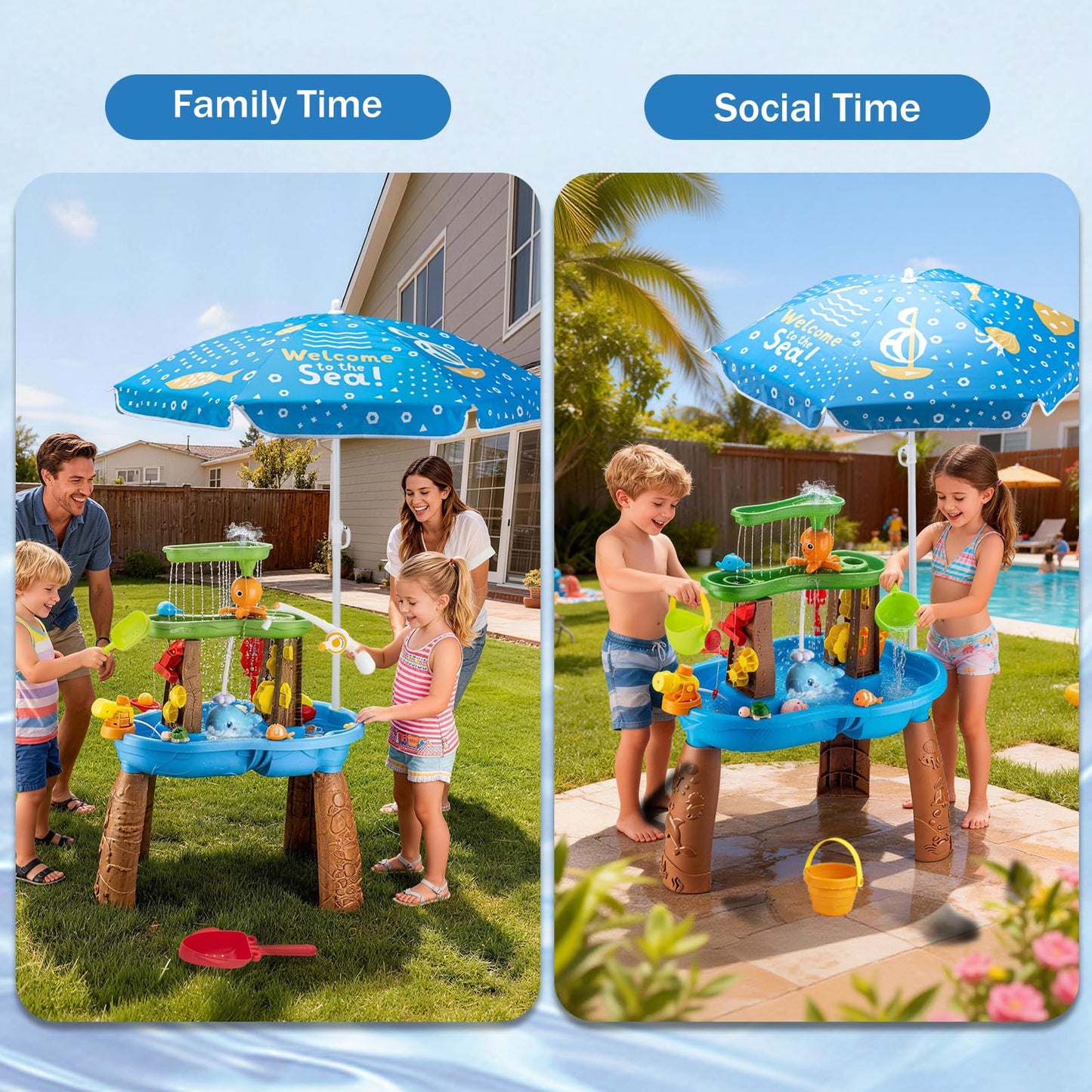 ZACEAC Water Table for Toddlers 3-5 with Umbrella Outdoor Toys for Kids Ages 4-8 Kids Sand Water Table with Fishing Game Set Activity Sensory Table with Water Pump Summer Gift for Kids