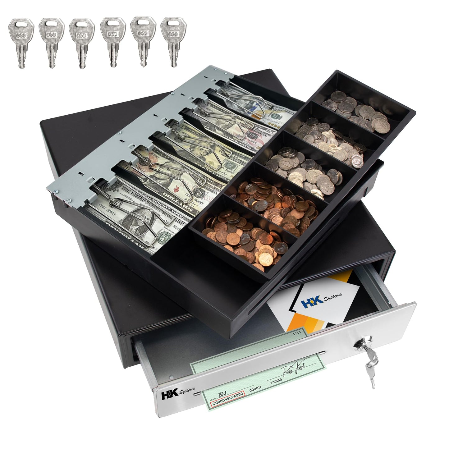 HK SYSTEMS 16" POS Cash Drawer Stainless Steel Front, Ball bearing slide, Heavy Duty POS with Removable Tray 5Bill/5Coin