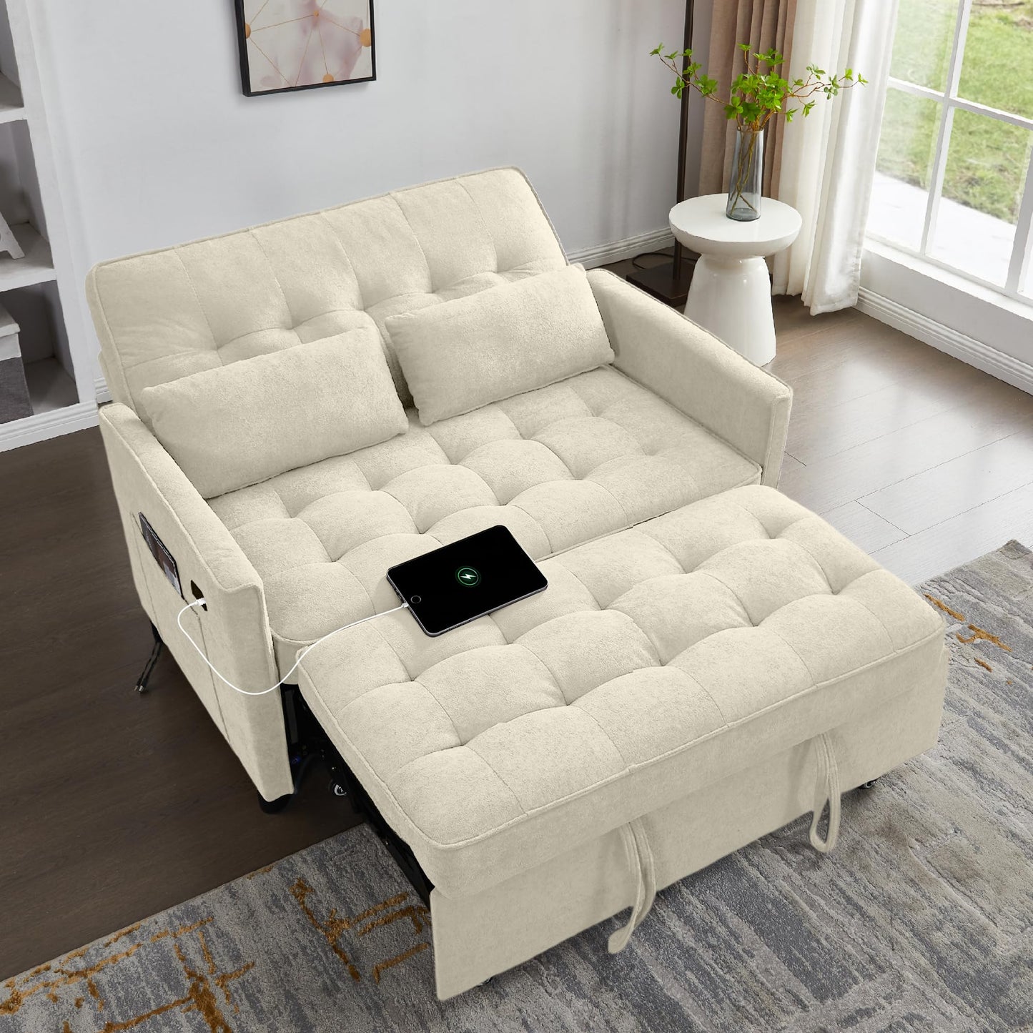 tiramisubest Convertible Sofa Bed, 3 in 1 Pull Out Couch, Loveseat Sleeper with Side Pocket, Living Room Sofa with Adjustable Backrest | USB Charging Port | Two Pillows | Fabric | Beige Couch