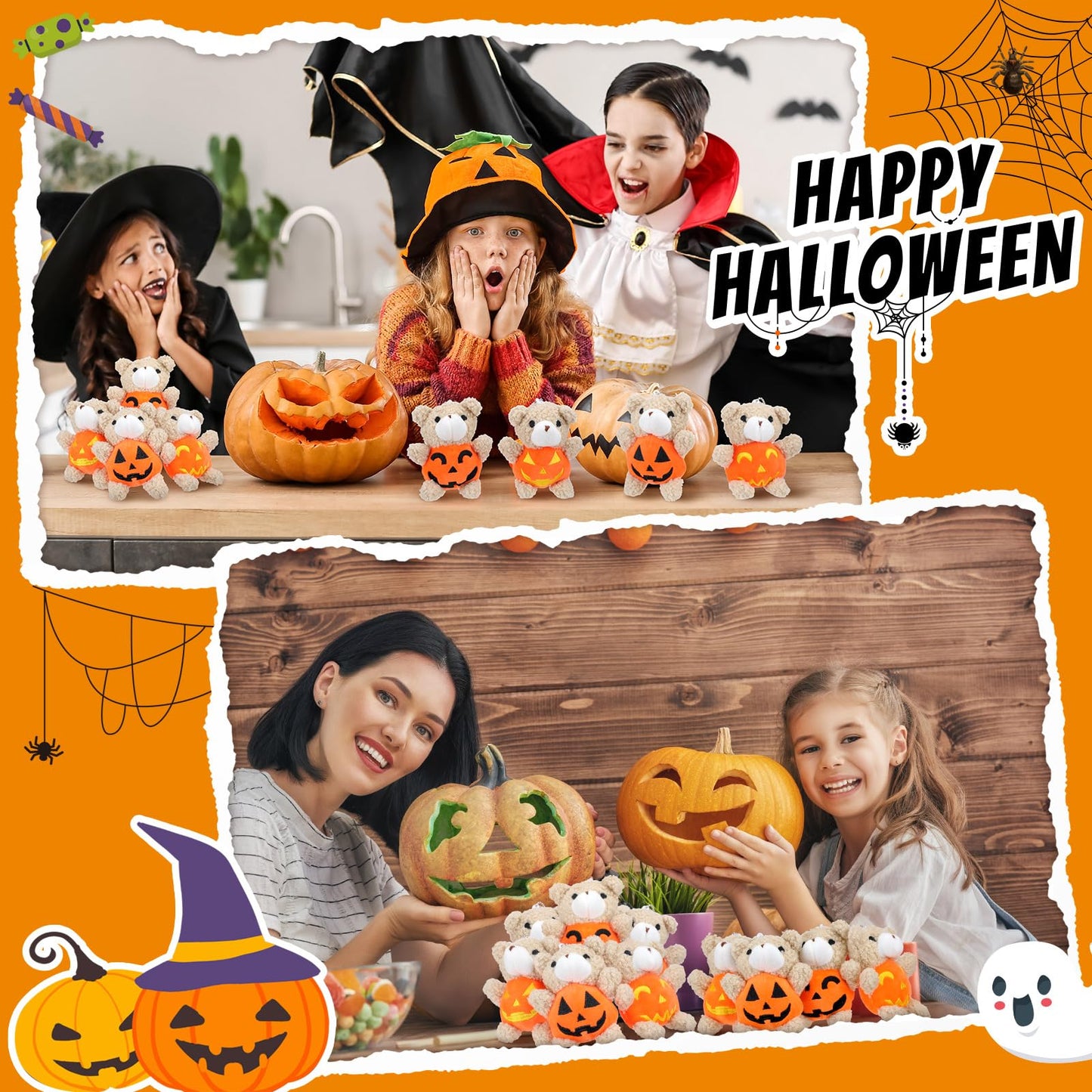 Hiboom 24 Set Halloween Mini Plush Stuffed Bear Gift Set 4 Inch Animal Bear in Pumpkin Soft Doll Classroom Exchange Keychain Gifts for Halloween Birthday Party Favors