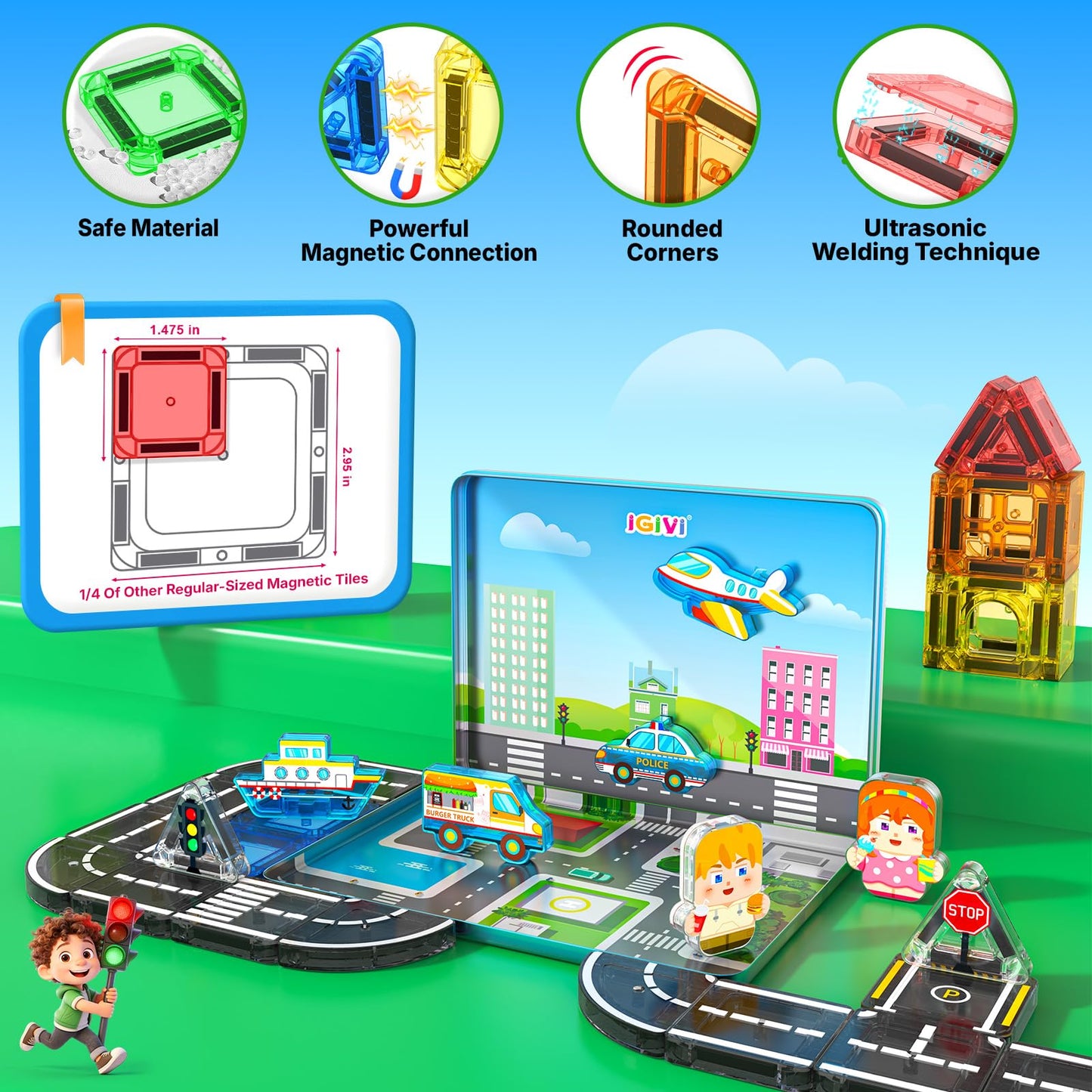 IGIVI Mini Magnetic Tiles Road Travel Essentials Set — Portable STEM Sensory Magnetic Building Blocks for Toddlers & Preschool, Compact Travel Toys for 3+ Boys & Girls, Easter Birthday Gift