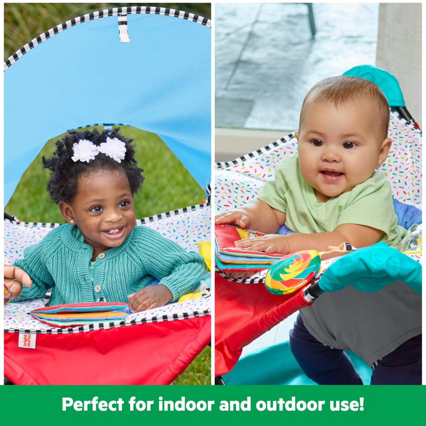 Bright Starts Pop 'N Jump Portable Baby Jumper, Foldable Indoor/Outdoor Baby Jumper with Sweet Treats with Sensory Activities, Ages 6–12 Months