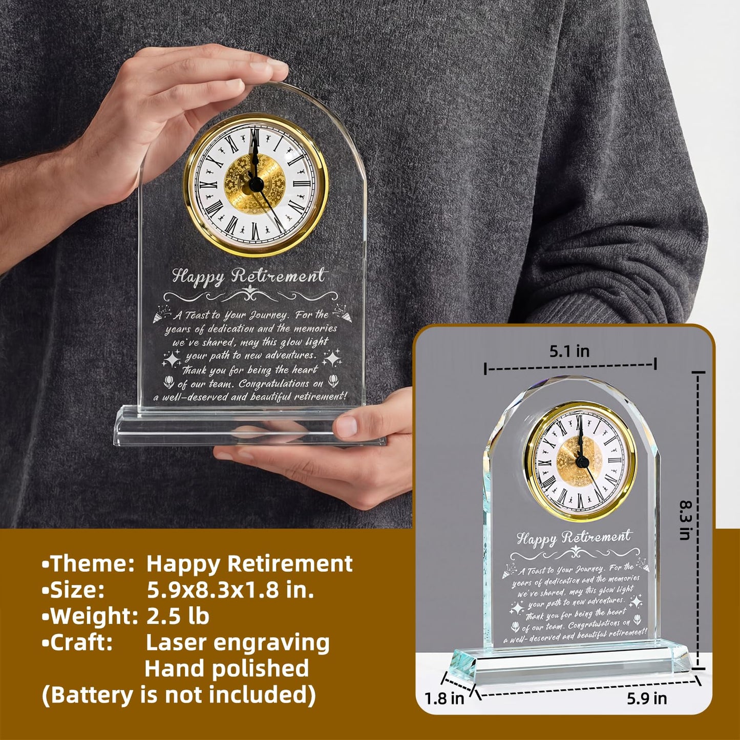 Retirement Gifts for Women Men, Personalized Alarm Clock with Warm Night Light, Decorative Commemorative Keepsake for Retired Coworker, Boss, Teacher, Friends, Happy Retirement Table Decor (Glass)