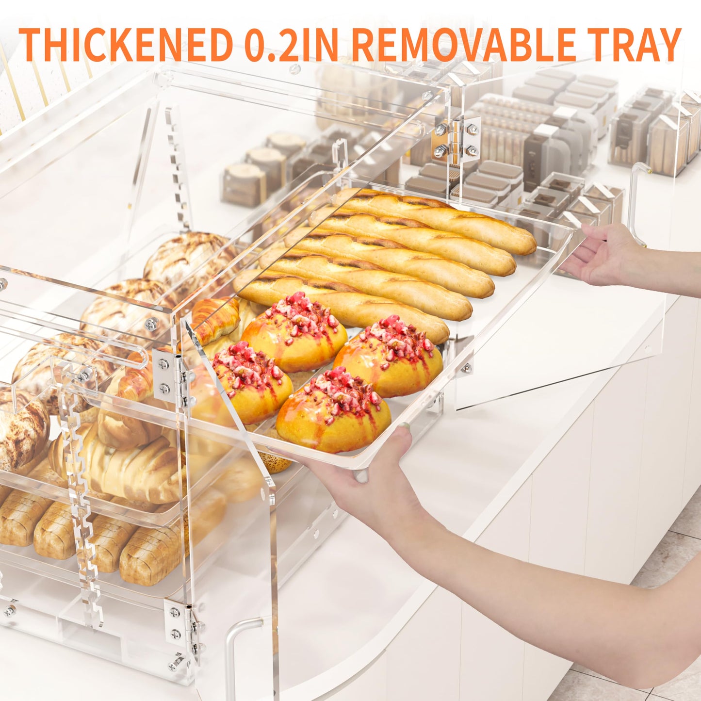 Commercial Countertop Bakery Display Case- Thickened Large Pastry Display Case with Bread Tong - 3 Tray Adjustable Bread Box for Bread,Cake and Cookie, 22.2" x 17.7" x 16"