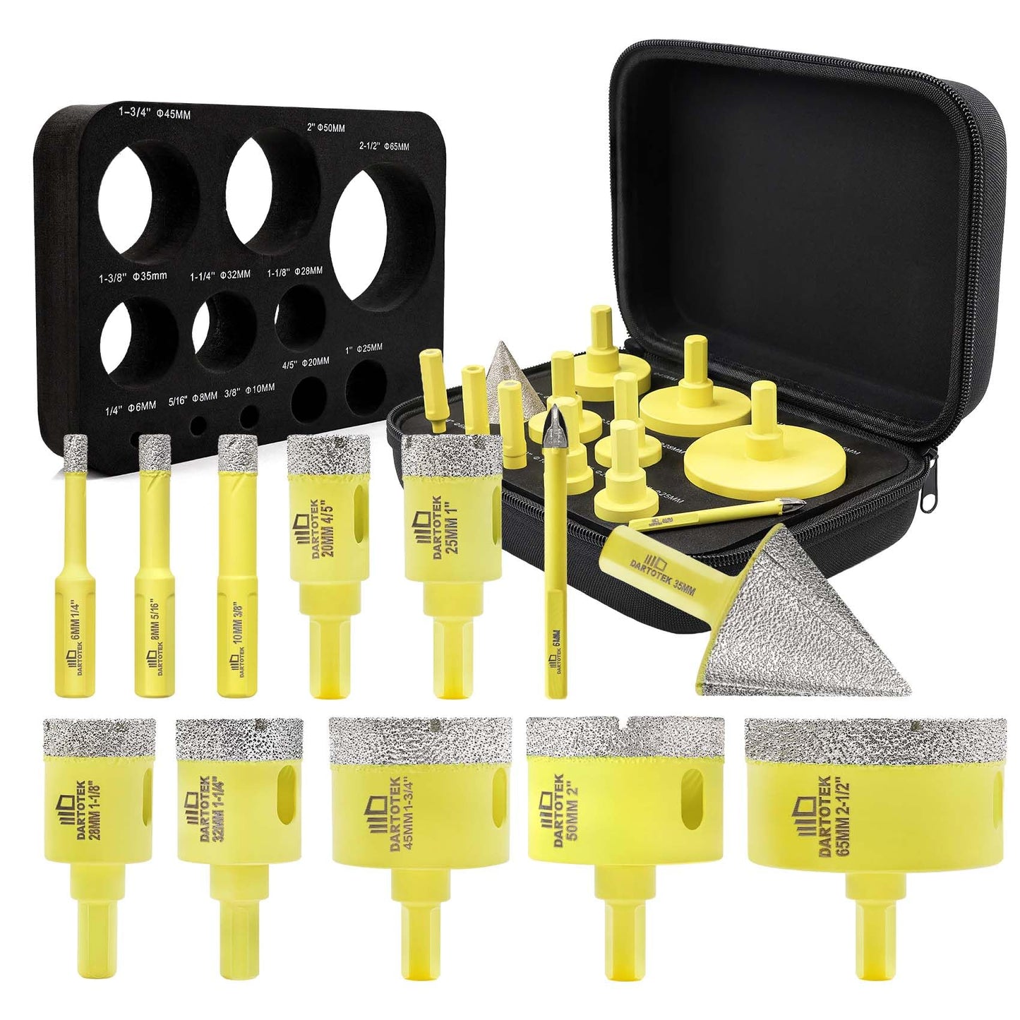 Diamond Core Drill Bits Set 12PCS - DARTOTEK Tile Hole Saw Kit (6/8/10/20/25/28/32/45/50/65mm/1-3/8/6mm for Porcelain, Ceramic Tile, Granite, Marble, Masonry