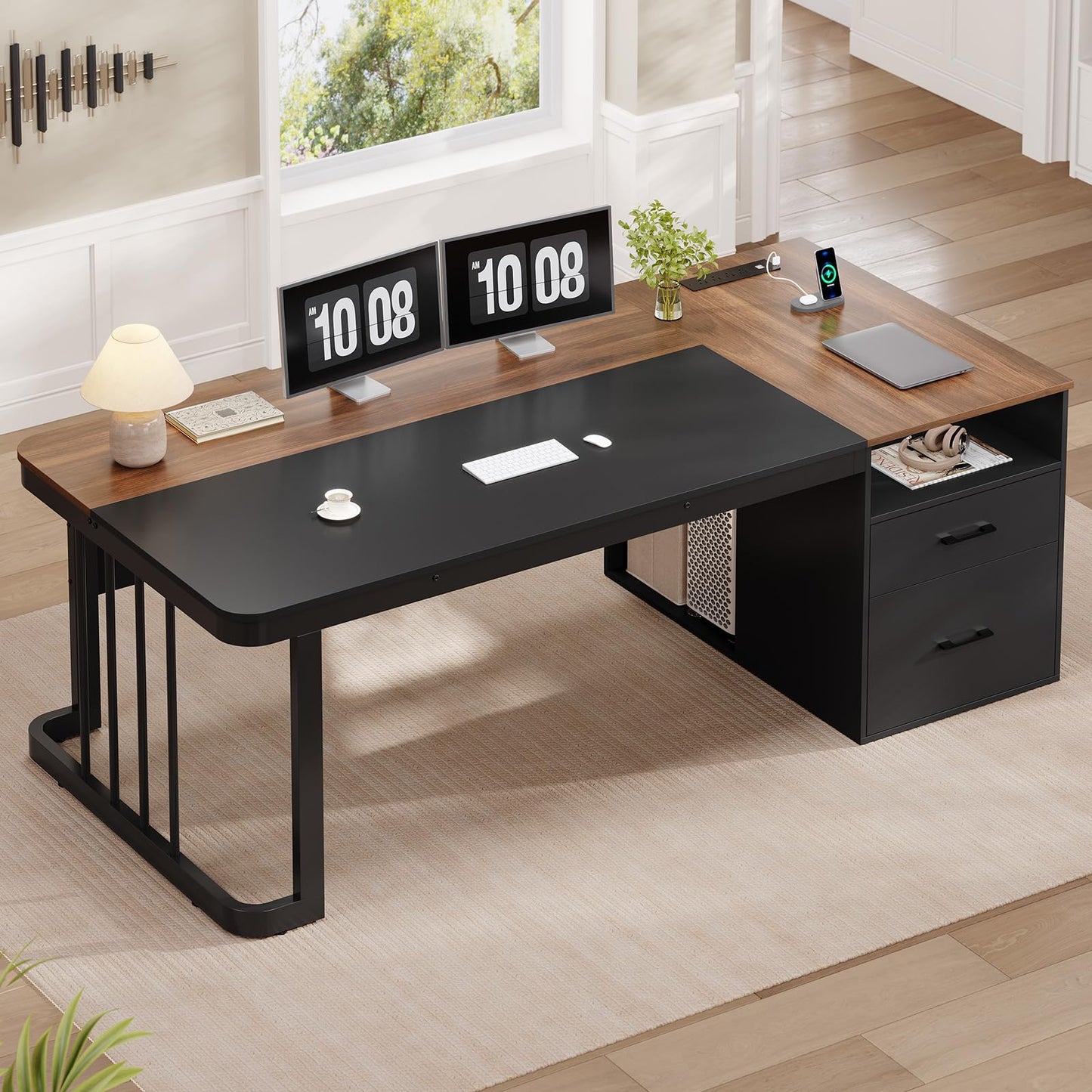 70.9" Executive Desk with Power Outlet, Large Office Desk with Drawers & Lateral File Cabinet, Long Computer Desk with Adjustable Storage Shelves, Modern Workstation Business Furniture (Walnut)