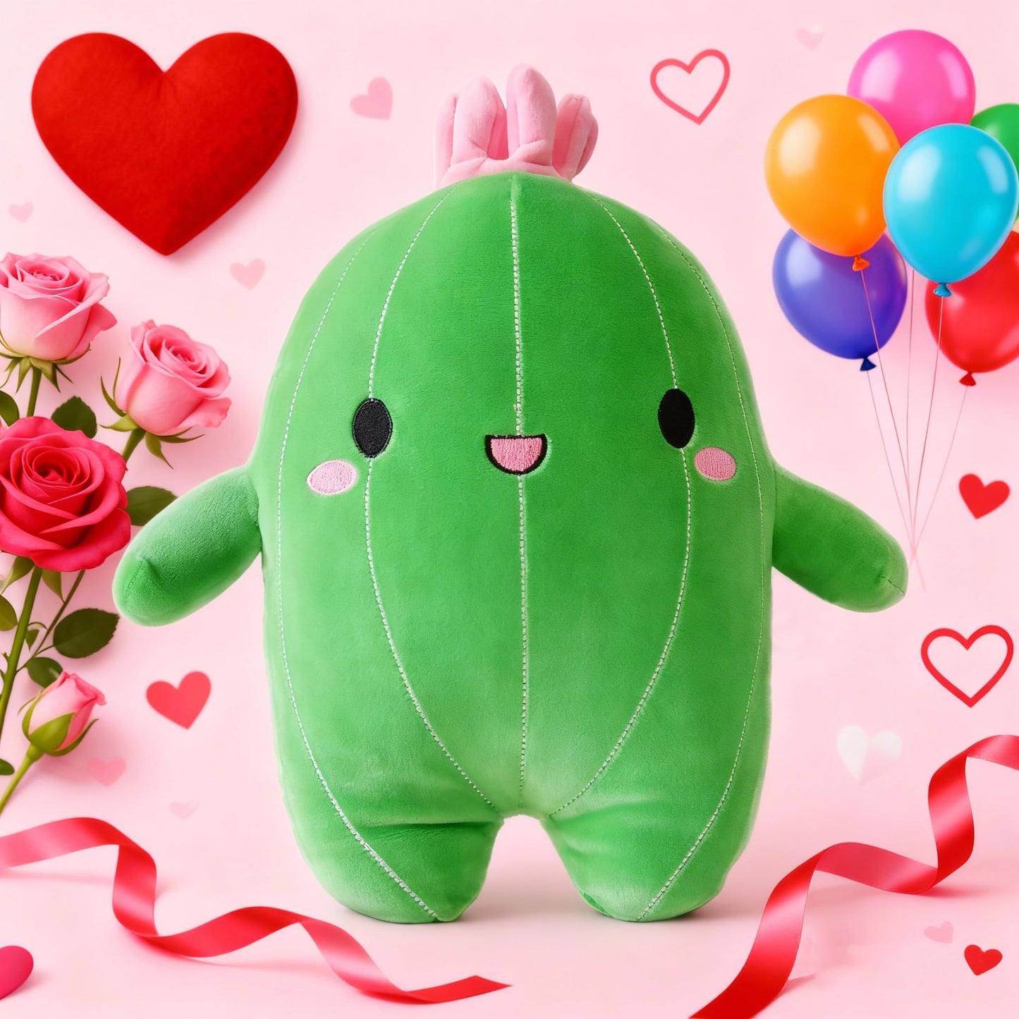 BABOLI Cuddly Cactus Stuffed Plant Pillow with Smile Face and Pink Antenna Honey Cacti Plush Soft Toy Pretty Sweet Mascot Gifts for Kids Girls and Boys Present for Birthday or Party 22.7 Inches