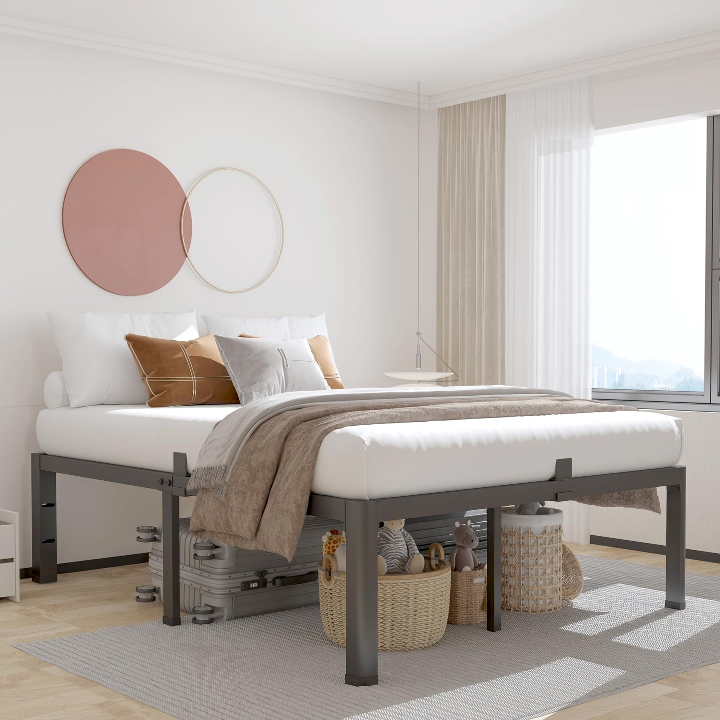ROIL 14 inch King Size Bed Frame Metal Platform No Box Spring Needed with Headboard Hole Round Corner Legs Mattress Stoppers Retainers 3500LBS Heavy Duty Steel Slats Noise-Free
