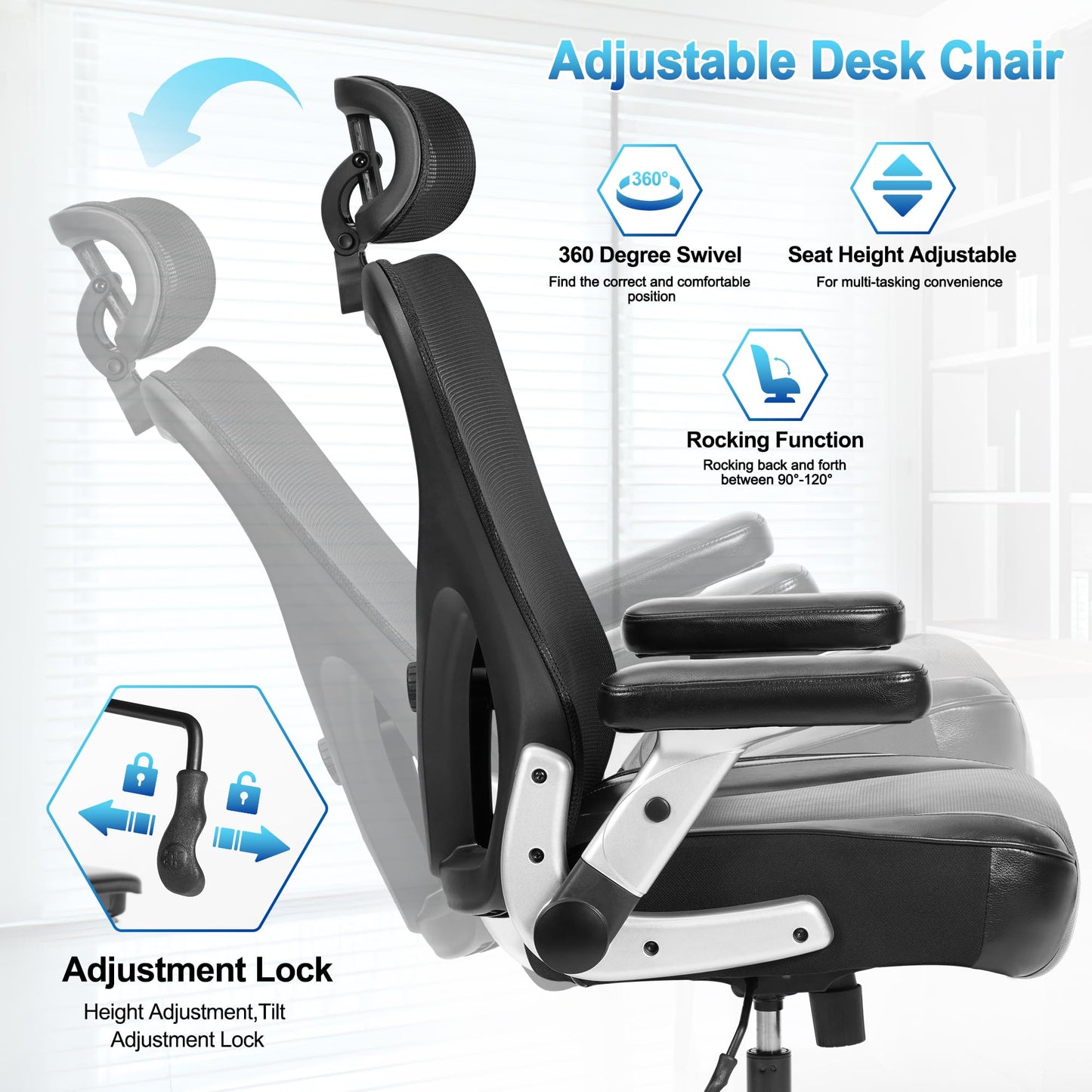 Big and Tall Office Chair 700lbs- Heavy Duty Executive Computer Chair with Rubber Wheels 3D Flip Arms, Ergonomic Mesh High Back Desk Chair, Extra Wide Seat Adjustable Lumbar Support & Headrest