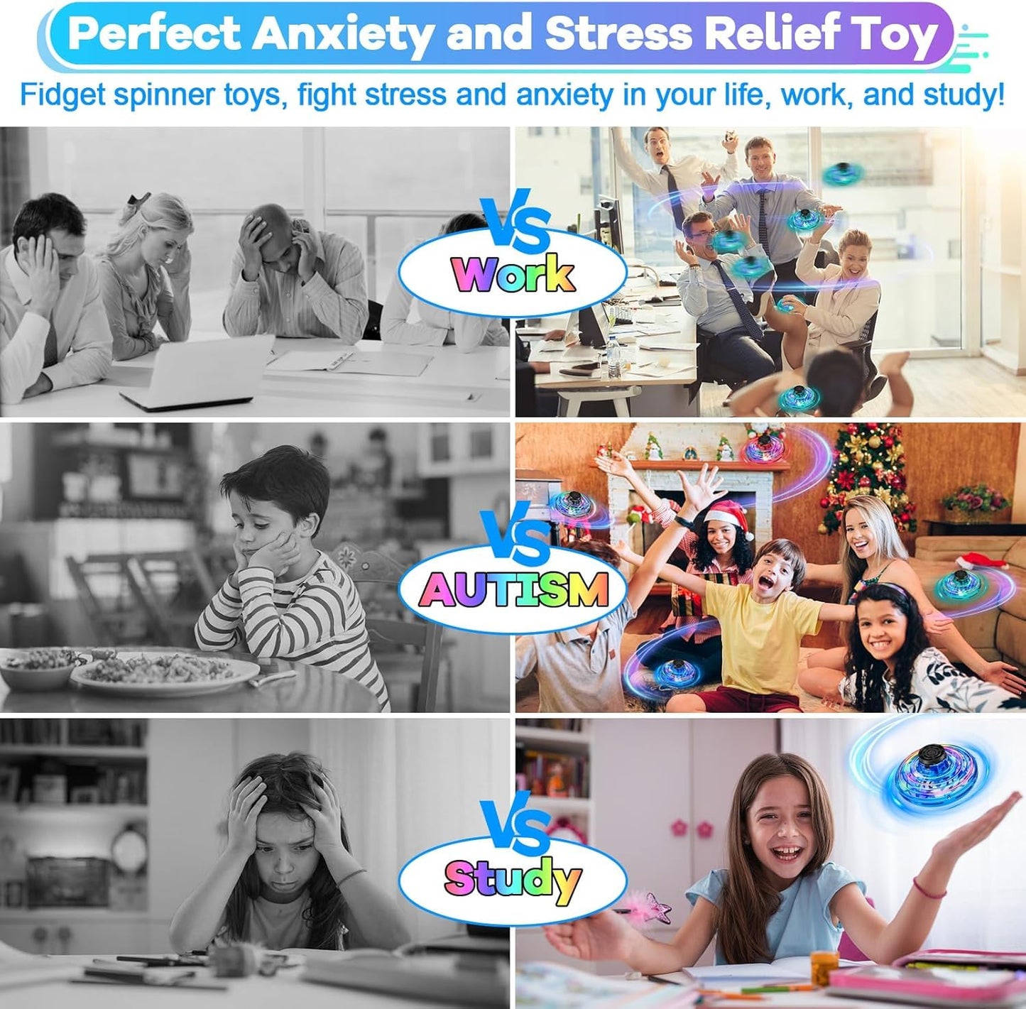 Vantexi Drone for Kids Flying Toys,2026 Upgrade LED Fidget Spinner,Hand Operated Fidget Flying Spinner Toy for Indoor Outdoor, Christmas Birthday Gifts for 6 7 8 9 + Year Old Boys Girls (Blue&Red,ABS)