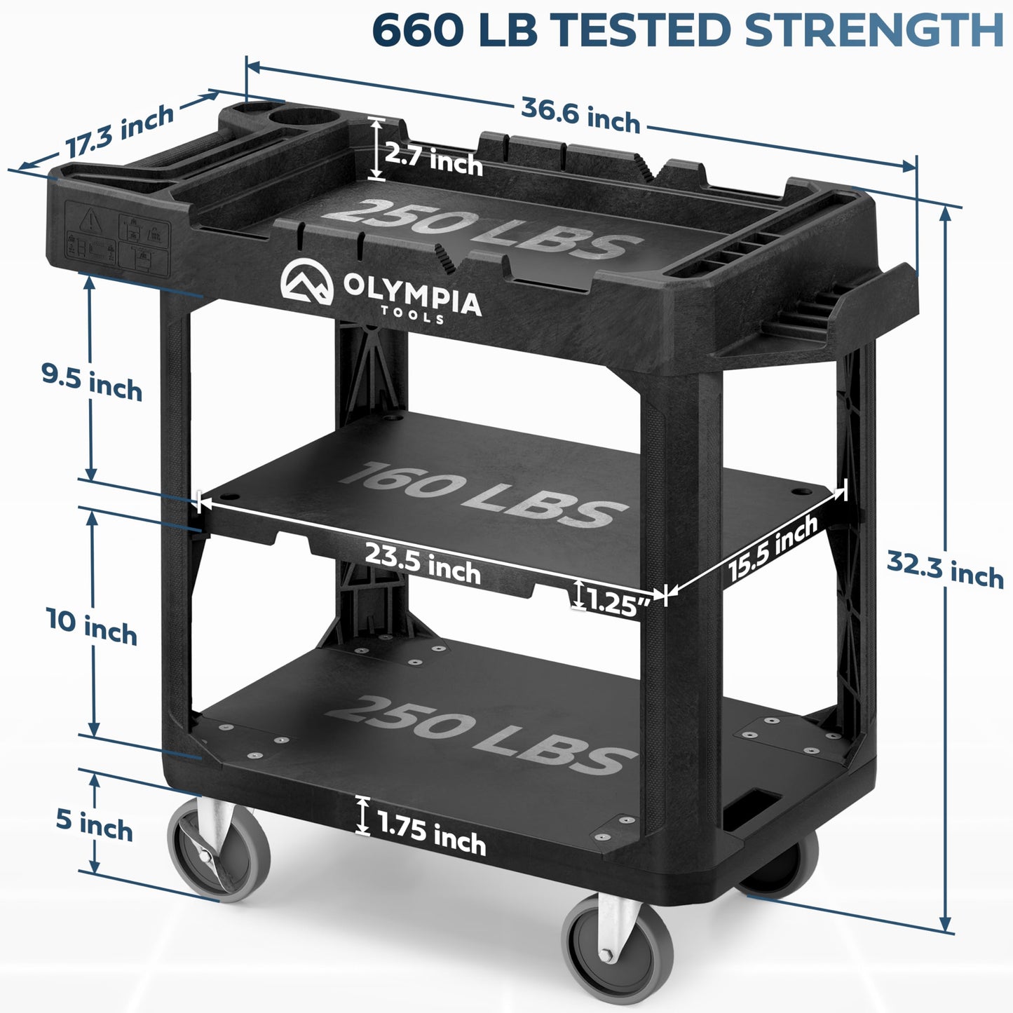 Olympia Tools Convertible Utility Cart - 660 lbs Heavy Duty Plastic HDPE, 10 Tool Slots, 5'' Locking Swivel Wheels, Ladder Hook | 3 Shelf to Flat Top Workstation | Industrial & Maintenance Work Carts