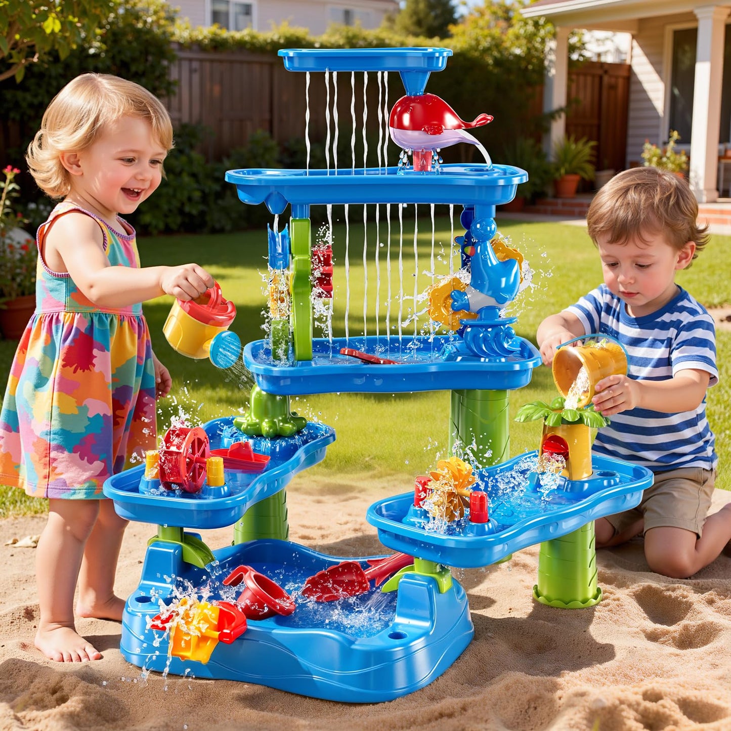 ZDRKWSM 3-Tier 4 Areas Water Table for Kids 3-5, Summer Outdoor Beach Sensory Activity Playset Kids Sand and Water Table Toys, Birthday Gifts for Boys and Girls 3 4 5 6 7 8