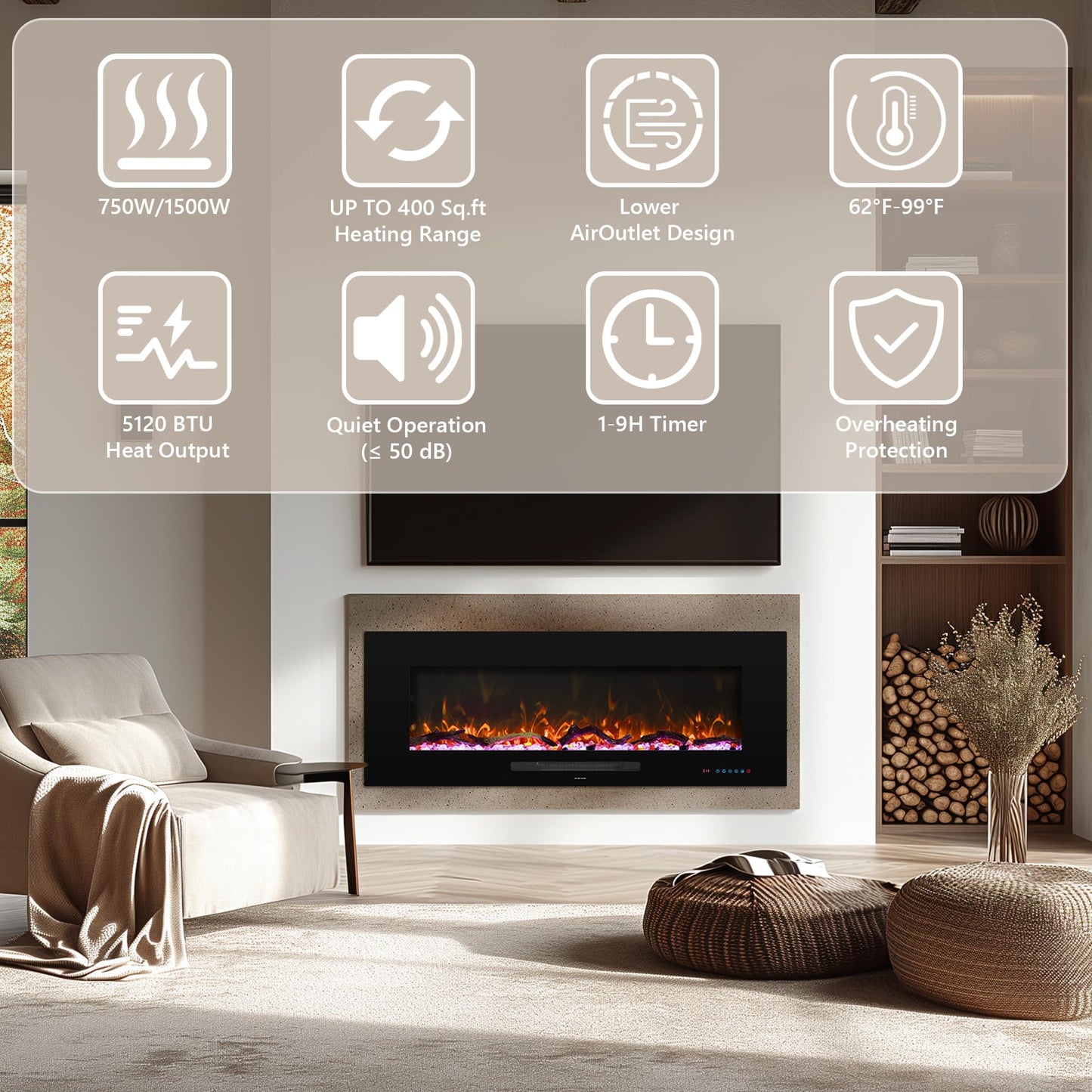 Dreamflame 60" Electric Fireplace, Recessed & Wall Mounted Fireplace Heater 13 * 13 Colors Flame &Fuel Bed w/5 Dimmer, Touchscreen &Remote Control Temp, Overheating Protect, Hardwired, 1500W, Black