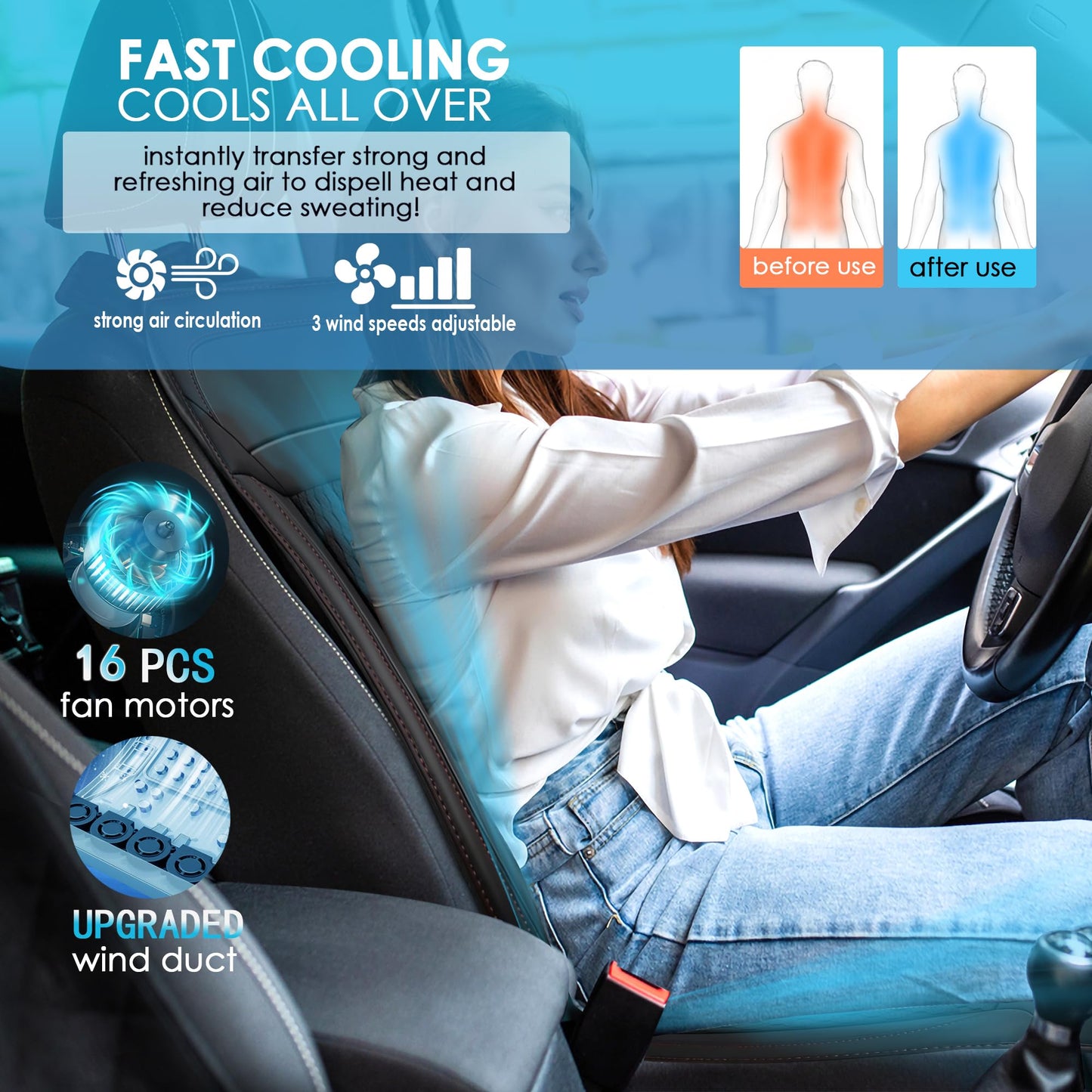 12V Cooling Car Seat Cover Front Seat, Ventilated Warm Cooling Car Seat Cushion with Massage, 16 Fans Seat Cooler, AC Cooling Seat Cover for Car, 1PCS (Black, Warm Cooling Massage)