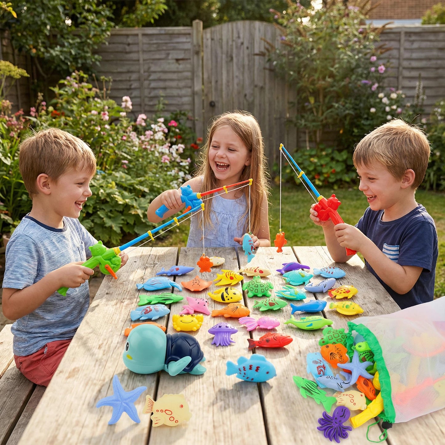 AUUGUU Magnetic Fishing Pool Toys Game, Water Table Bathtub Bath Toy - Pole Rod Floating Fish, Birthday Party Gifts for Toddler Age 3 4 5 6 Year Old, Kids Outdoor Toys
