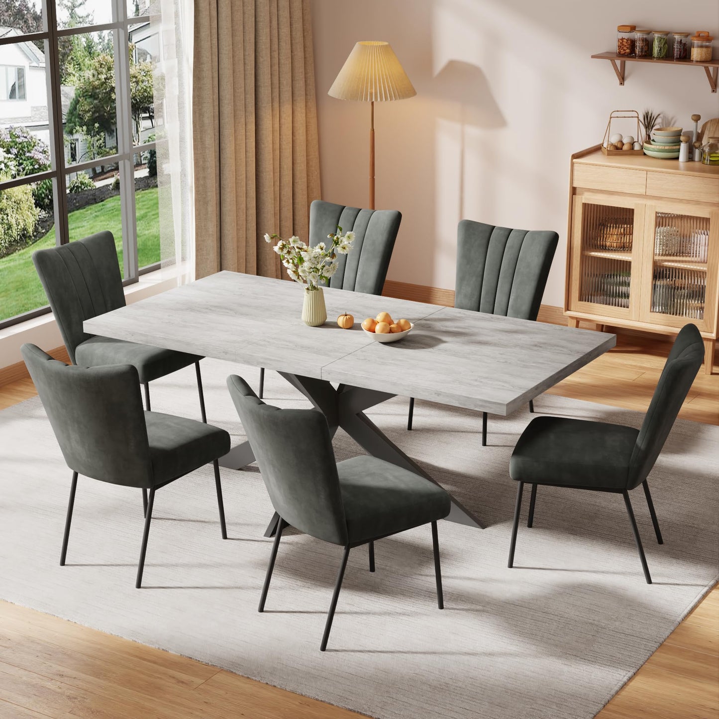 ZckyCine 6-Piece Extendable Dining Table Set, Modern 63''–79'' Grey Wood Table with 6 Grey Fabric Chairs, Dining Room Table and Chairs for 6, Ideal for Kitchen or Dining Room