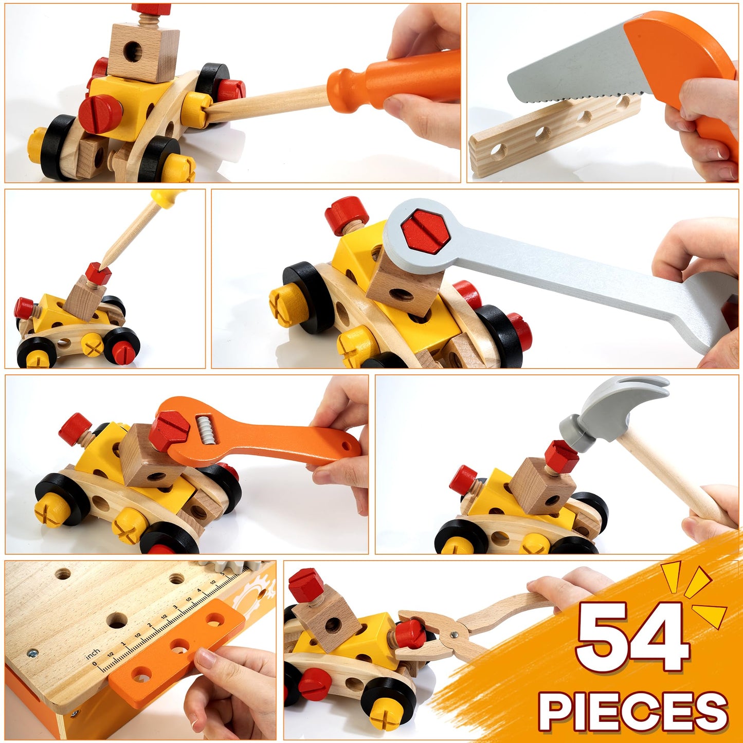 KIDWILL Wooden Tool Bench for Kids, 54-Piece Kids Tool Set with 2-in-1 Workbench & Take-Along Tool Kit, STEM Educational Toy Tools for Kids Ages 3 4 5 6 7 8 Years Old, Boy Toys