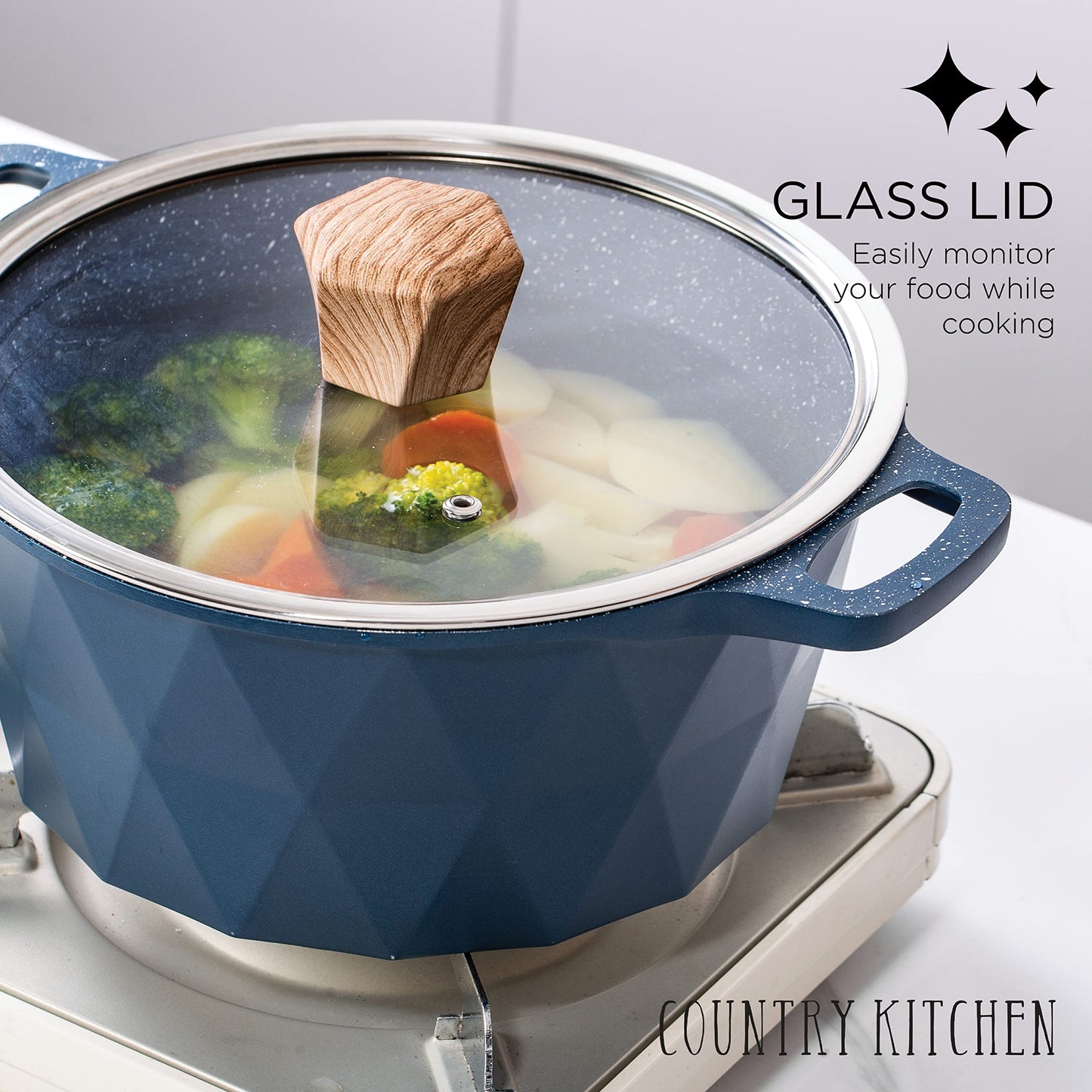 Country Kitchen Non-Stick Cast Aluminum Cookware Set - Durable Kitchen Cookware for Everyday Cooking, Navy Diamond, 11 Pc.