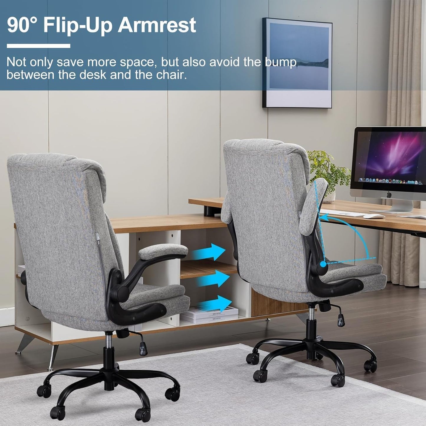 BRTHORY Office Chair High Back Ergonomic Executive Computer Desk Chair Comfortable Fabric Padded Home Office Desk Chairs with Flip-up Arm Rest Adjustable Height Swivel Wheels (Grey)