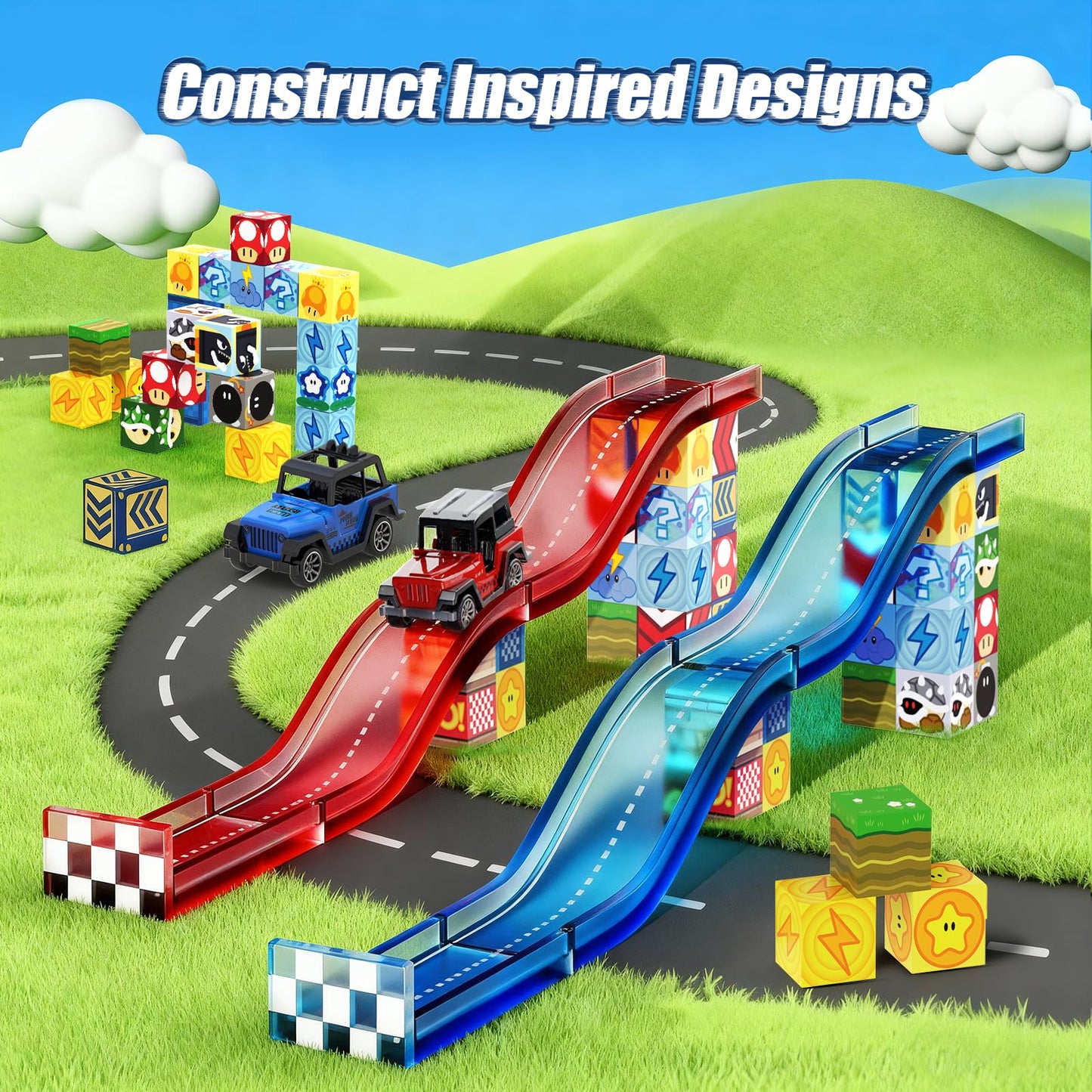 tinytrek Magnetic Tiles Race Track Set, 52PCS STEM Educational Magnetic Building Blocks with 2 Race Cars, Montessori Sensory Travel Toys for Kids 3 4 5 6 7 8, Birthday for Boys & Girls