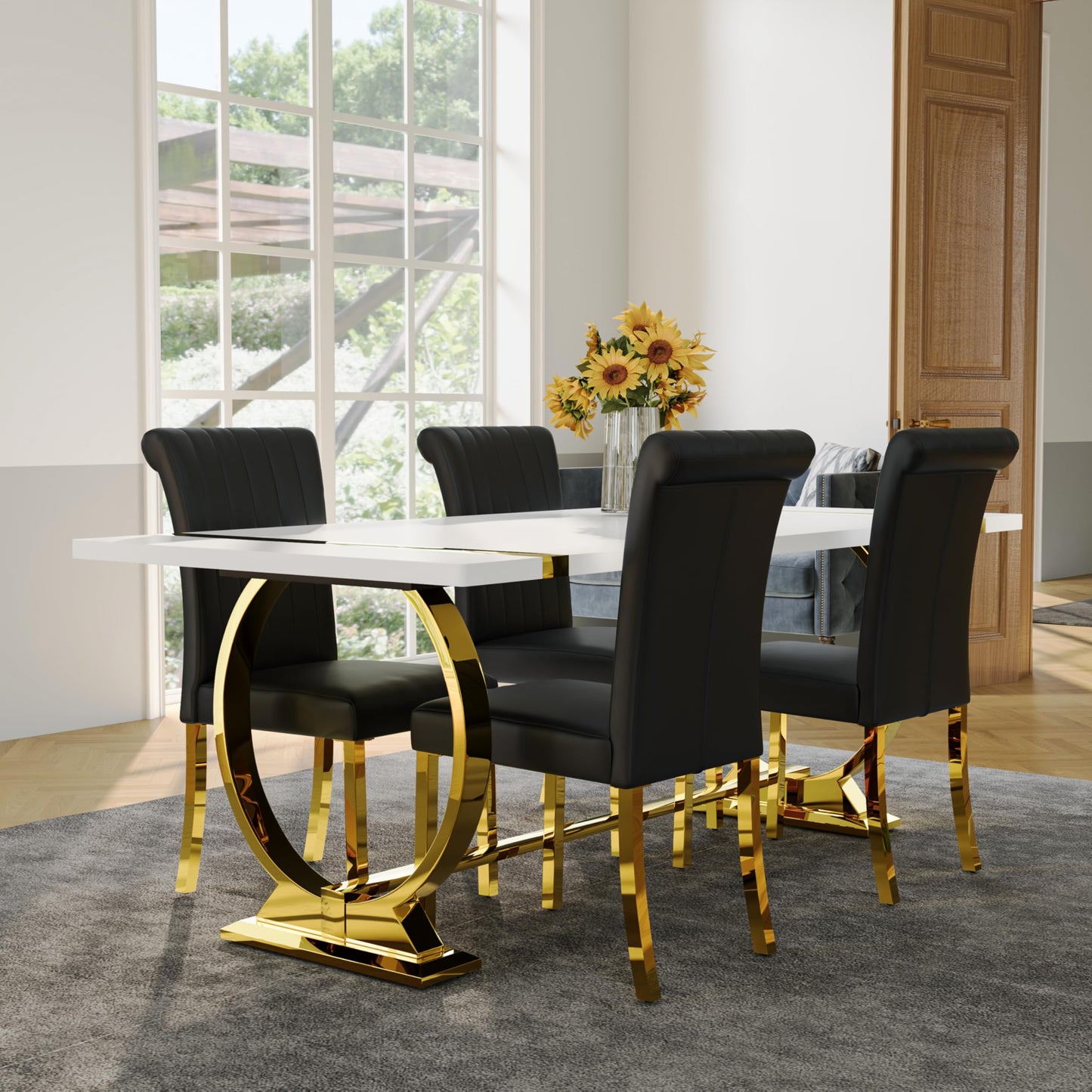 Asday Dining Table Set with 6 Chairs PU Upholstered, 80 Inch White Dining Table Polished Gold U Shape Legs, Modern Rectangle Dinner Table Set for Kitchen