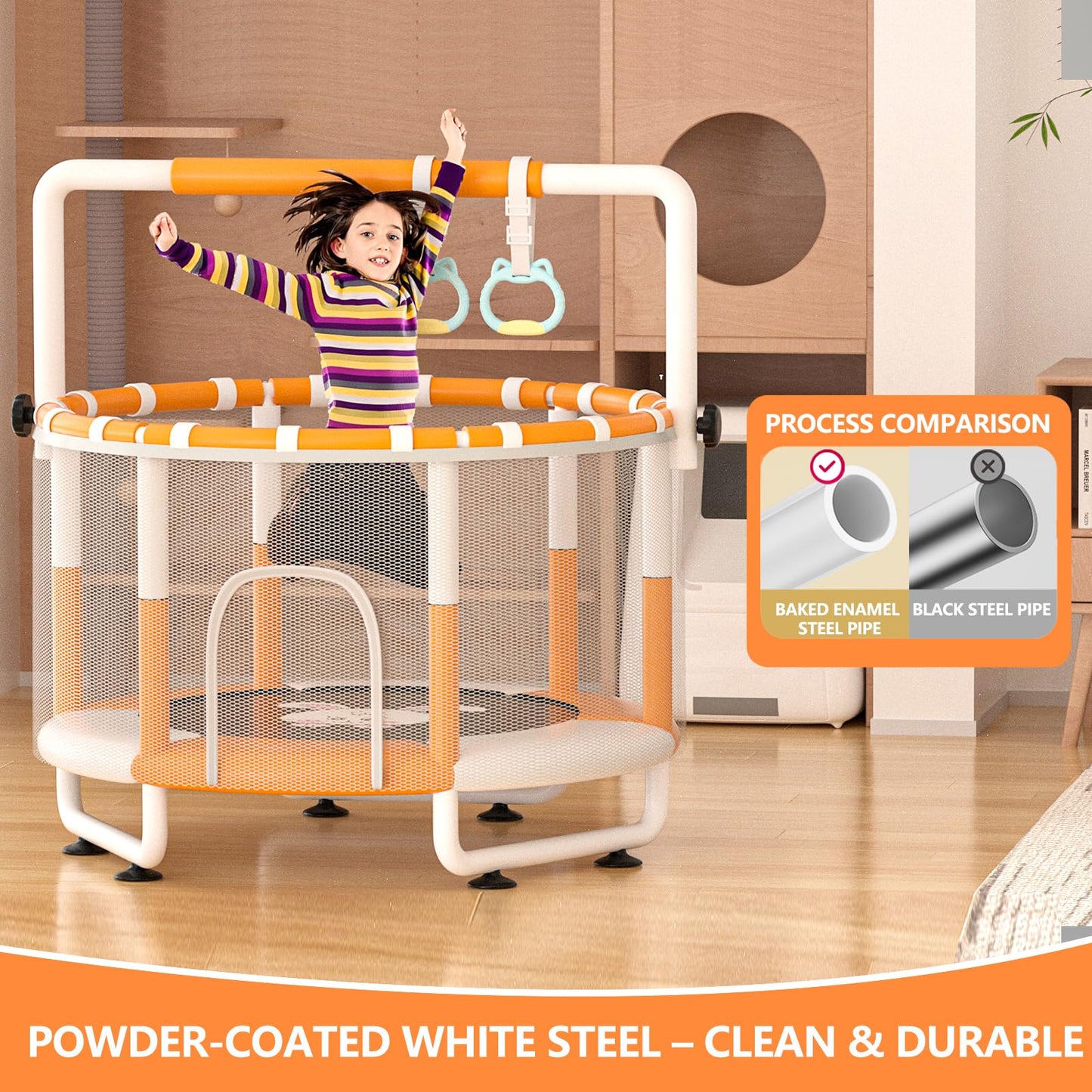 KINETRA 55" Kids Indoor Trampoline with Safety Net, Adjustable Gymnastics Bar & Toys – Indoor/Outdoor Toddler Play Gym for Boys & Girls Ages 3+, Birthday Gifts (White (Powder-Coated))