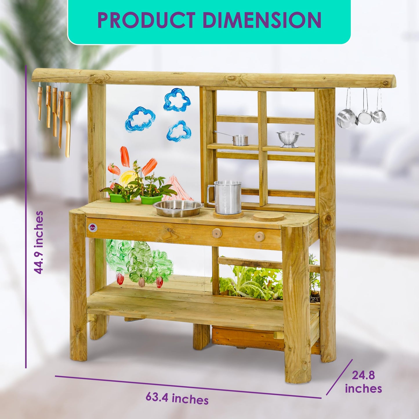 Plum® Discovery Mud Pie Kitchen for Kids Outdoor Toys - Play Toy Kitchen with Accessories, Wooden Kids Playset, with Built-in Gardening Planter and Painting Easel for Kid Age 3+