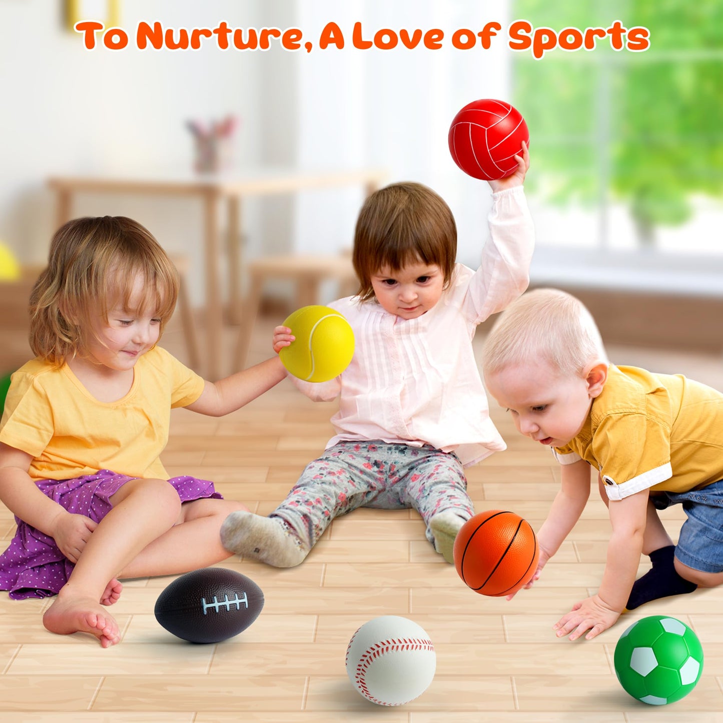 Billeeit Mini Sports Balls Set for Toddler 1-3, Sports Bag for Kids, Include 1 Each of 3.5" Foam Soccer, Tennis Ball, Basketball, Football, Baseball, Volleyball, Fun Baby Ball Toys, Set of 6