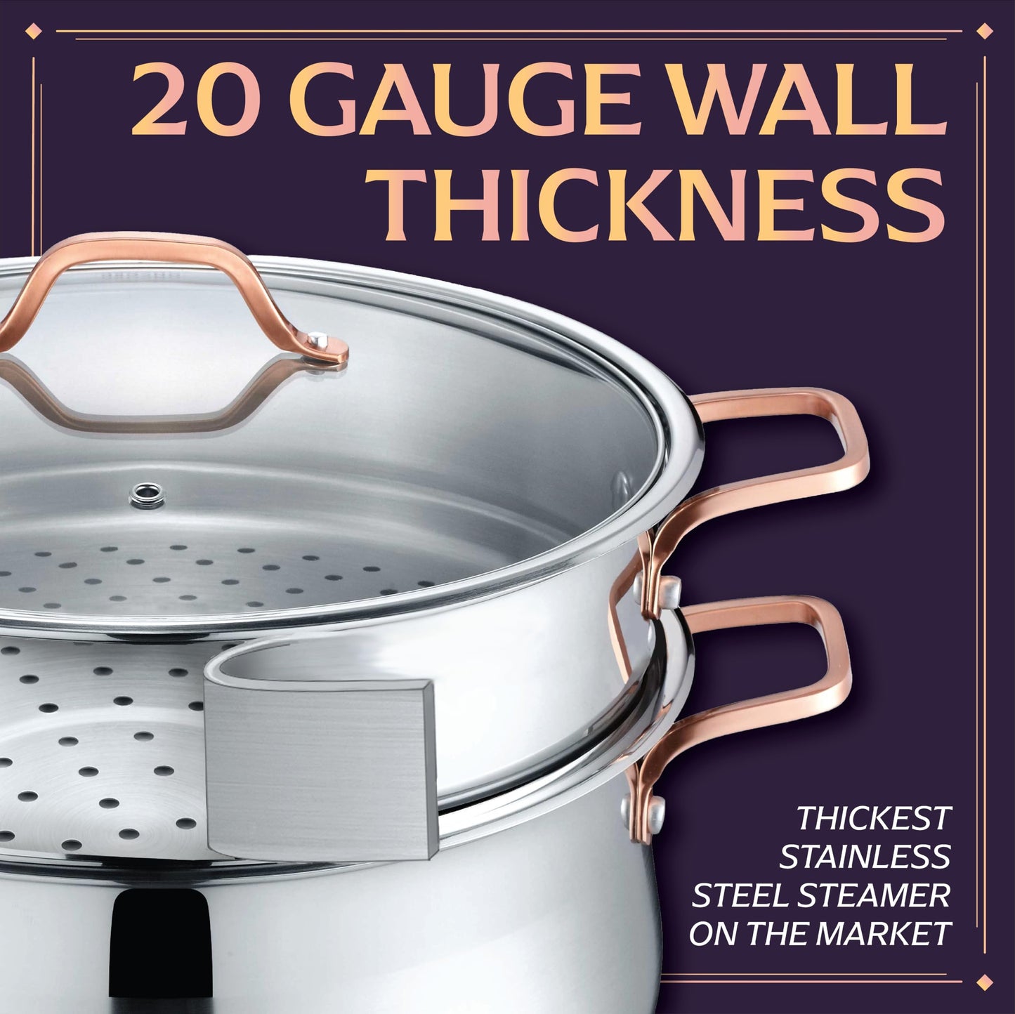 CONCORD Premium Stainless Steel 3 Tier Steamer w/Rose Gold Handles 30 cm