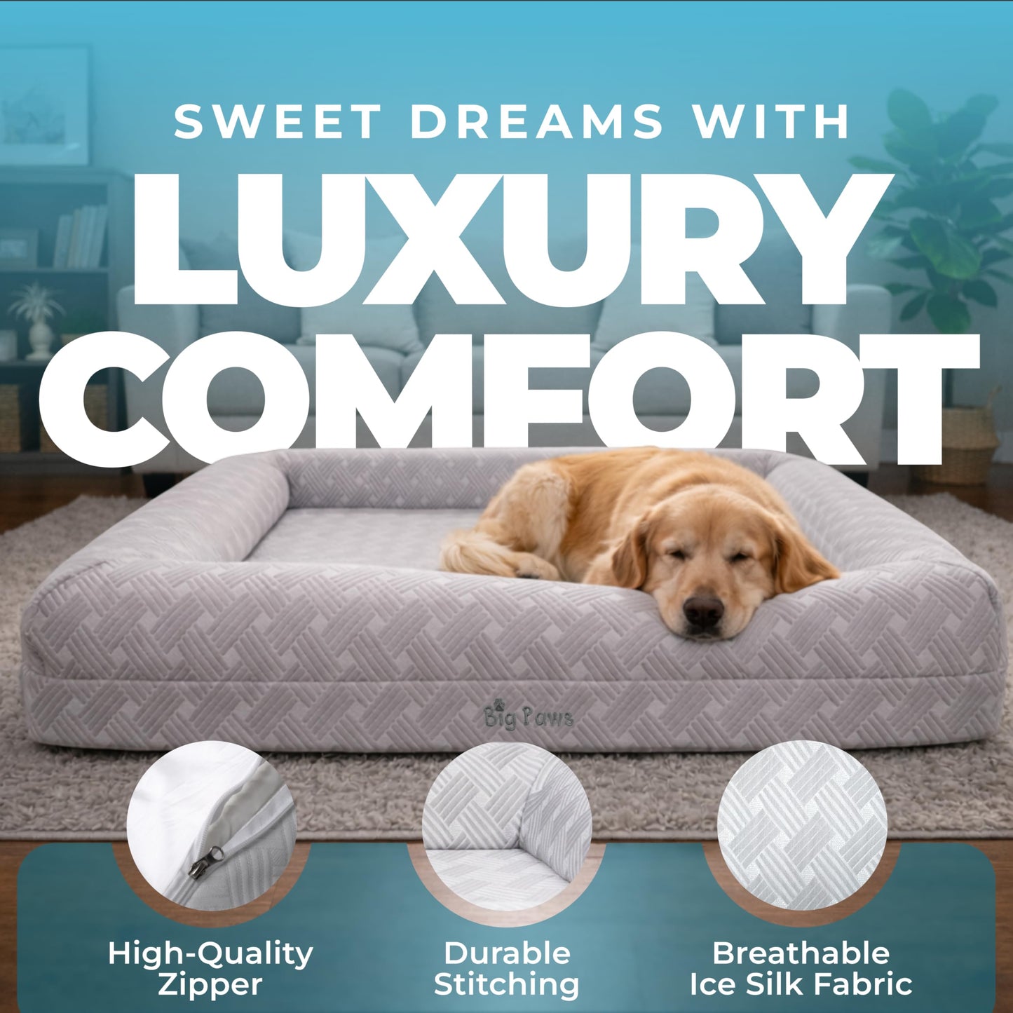 Big Paws Cooling Orthopedic Dog Bed for XL & Senior Dogs + Enclosed Support, High-Density Memory Foam, Waterproof Liners, Washable Cover