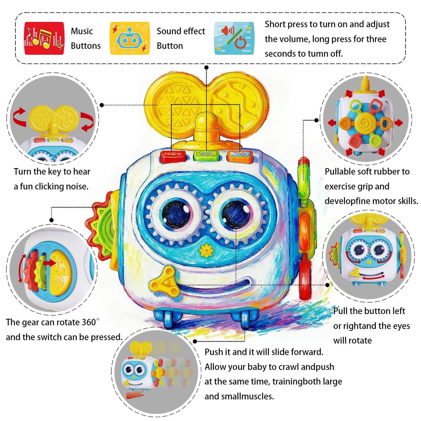 MoraBaby Robot Musical Busy Cube for Toddlers 1-3 Years Old, Montessori 6-in-1 Activity Cube with Lights & Sounds, Wheels for Tummy Time & Crawling Training, Birthday Gifts for Baby boy & Girl