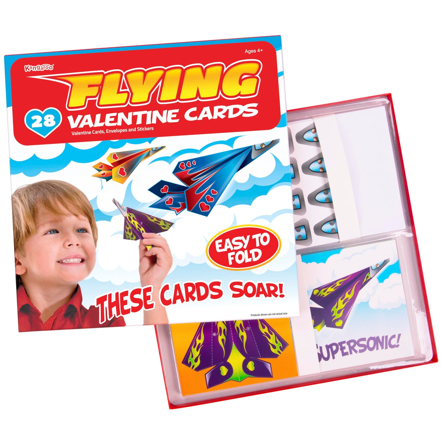Kangaroo 28 Pack Flying Paper Airplanes Valentines Day Cards for Boy & Girl with Envelopes & Stickers - Valentines Day Cards for Kids School - Valentine Bulk Party Favors Classroom Gift