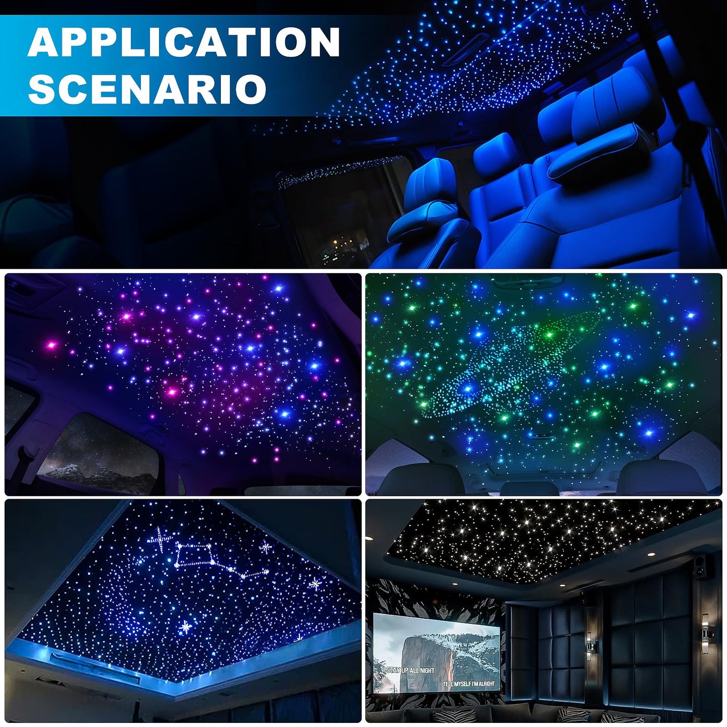 4 Colors 32W Twinkle Starlight Headliner Kit for Car Home with APP&RF Remote,RGBW 650pcs*0.03in*13.1ft Cables Fiber Optic Star Sky Roof Lights,4 Port Engine Sound Activated Ceiling Star Lights for Car