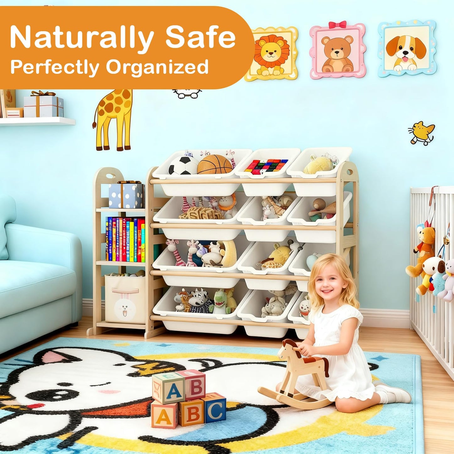 Toy Storage Organizer, Wooden Toy Organizers and Storage with Bookshelf, Toy Storage Shelf with 3 Shelves and 12 Storage Bins, Kids Bookshelf for Playroom, Nursery, Bedroom, Bookcase for Kids, White