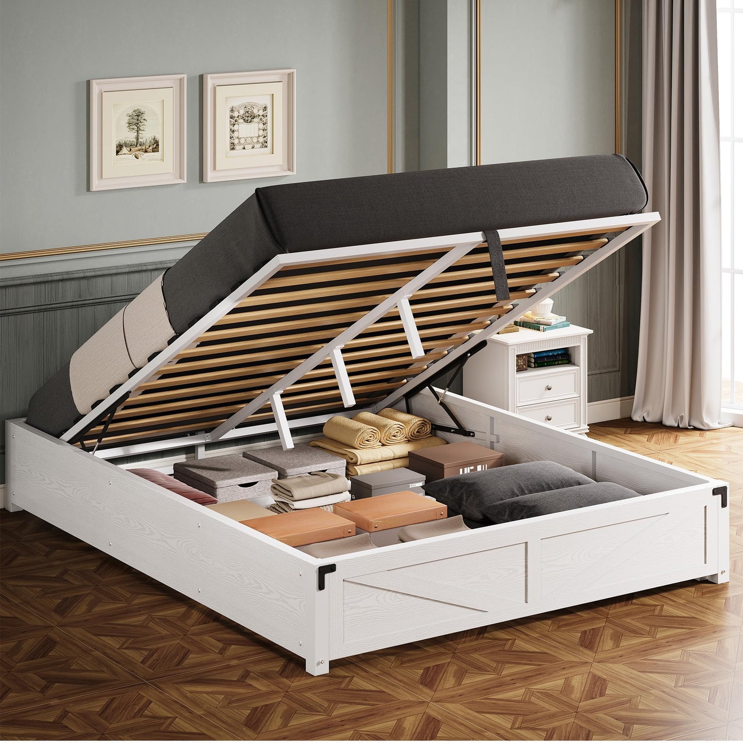 LIKIMIO Platform Queen Size Bed Frame, Farmhouse Bed Frames with Lift Up Storage, Wooden Slats, Sturdy and No Noise, Easy Assembly, White